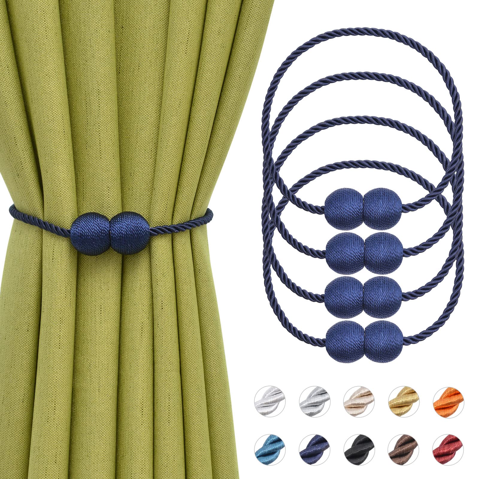 NICEEC 4 Pack Magnetic Curtain Tiebacks 16 Inch Handmade Weave Side Rope Curtain Holdbacks Convenient Decorative Round Curtain Drape Tie Backs for Home & Office Window Drapery (New Dark Blue)