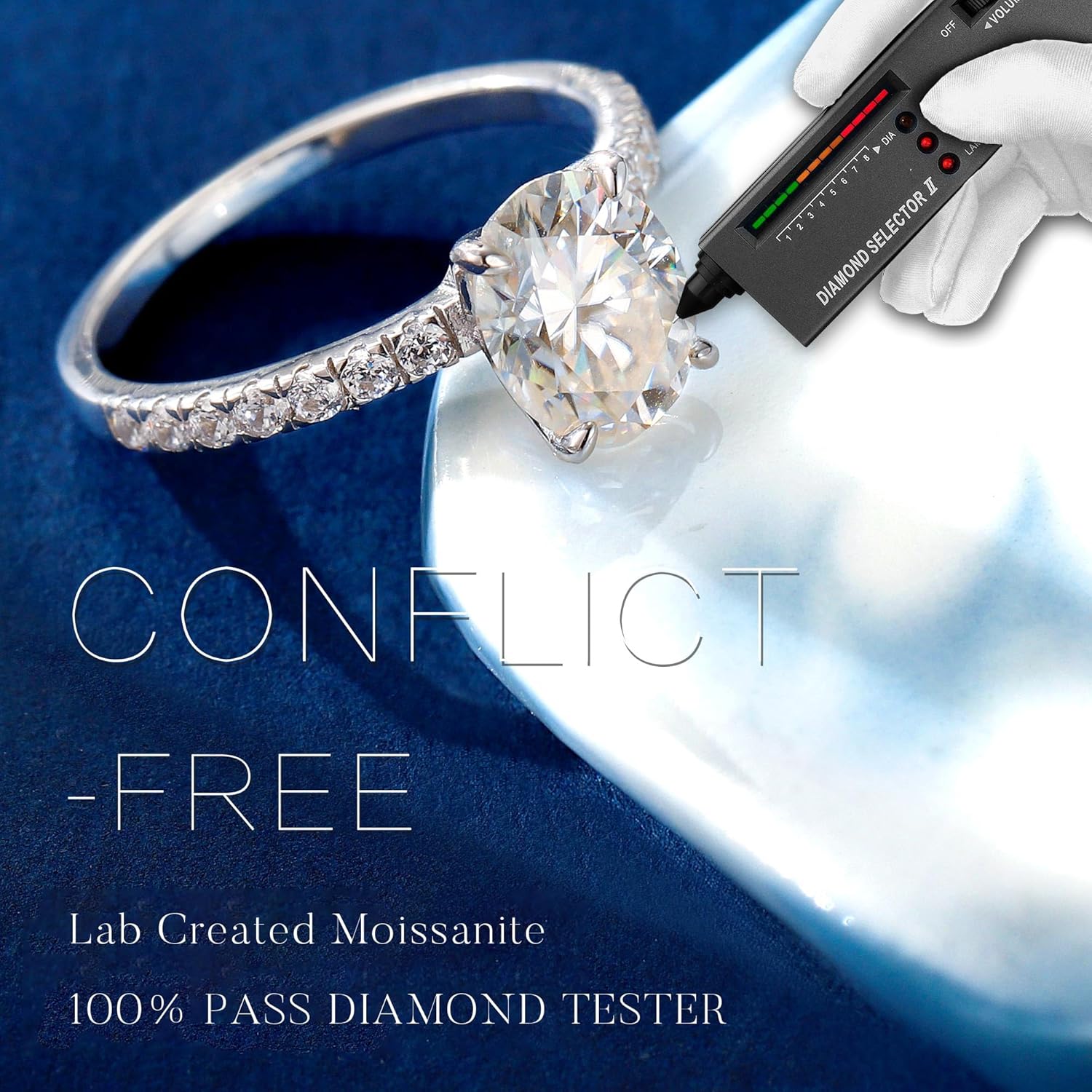 MOOSEA 2ct Oval Moissanite Engagement Ring, Lab Created Moissanite 925 Sterling Silver Petal Prong Setting, Side Accent Stones, Jewelry Gift for Her