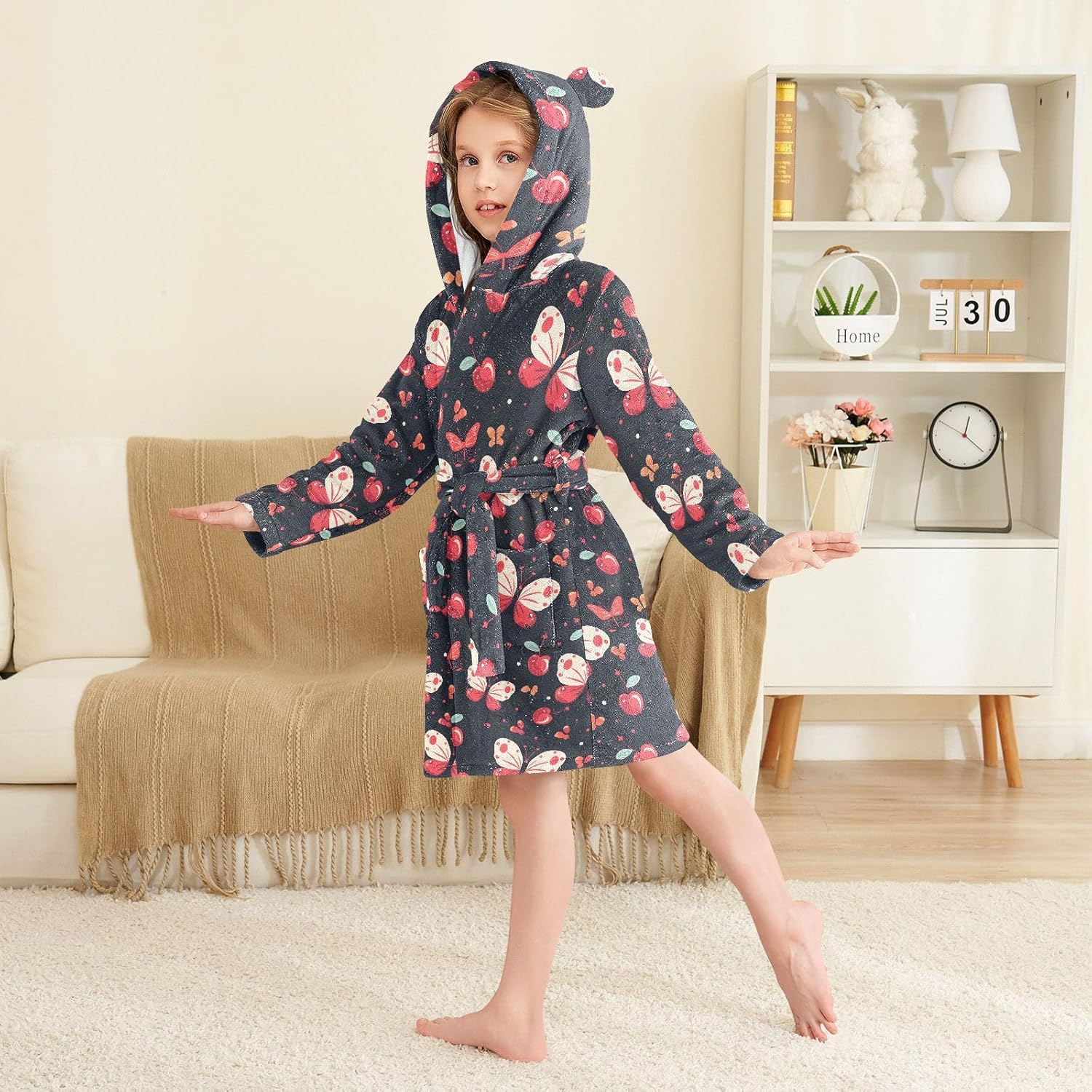 senya Cherry Butterflies Fruit Toddler Hooded Bathrobe Kids Soft Plush Bath Towel Robes for Boys Girls 2-12 Years
