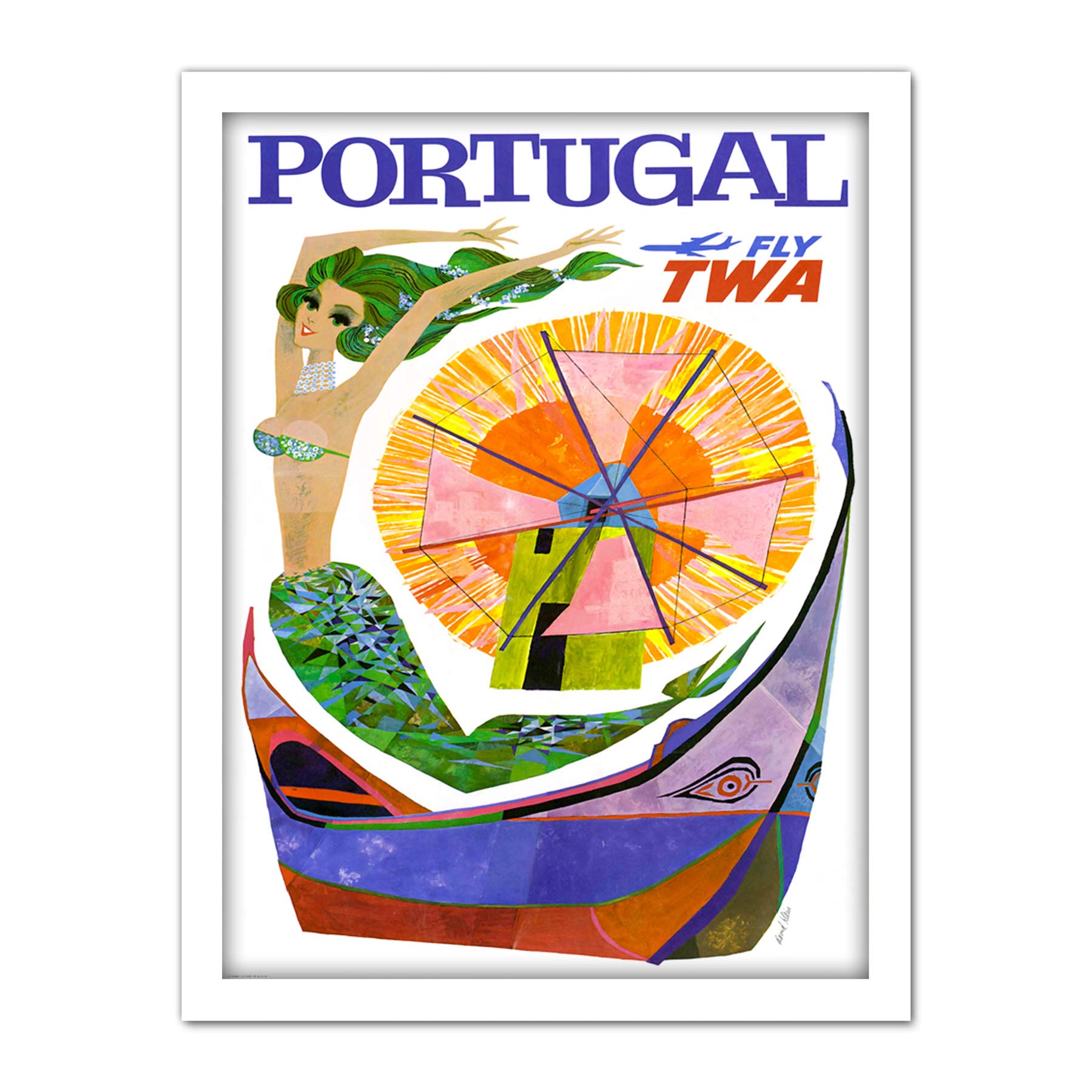 Wee Blue Coo Portugal Travel TWA Airline Windmill Mermaid Artwork Framed Wall Art Print 18X24 Inch