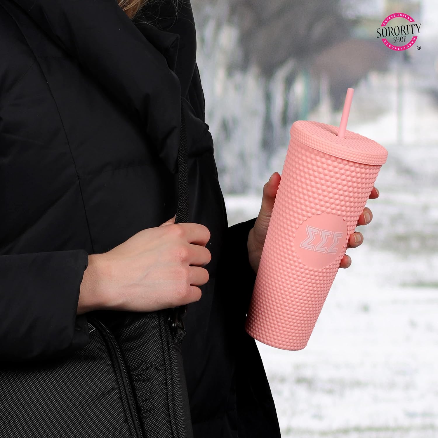 Sorority Shop Pi Beta Phi Studded Tumbler with Straw - 24 Oz Tumbler with Lid and Straw, Matte Coral, Reusable Plastic Cup with Screen Printed Greek Letters for Water, Ice Coffee or Any Drink - Image 7