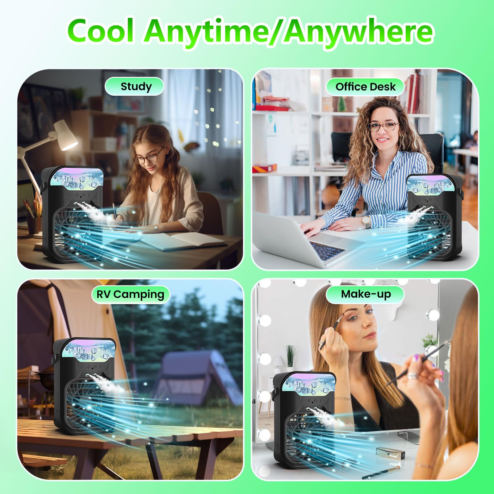 Aire acondicionado portátil pequeño, unidad de CA portátil con control remoto, tanque de agua de 1.5L, 3 velocidades, 2 nieblas frías, 3 temporizadores, 7 luz nocturna, mini aire acondicionado 9