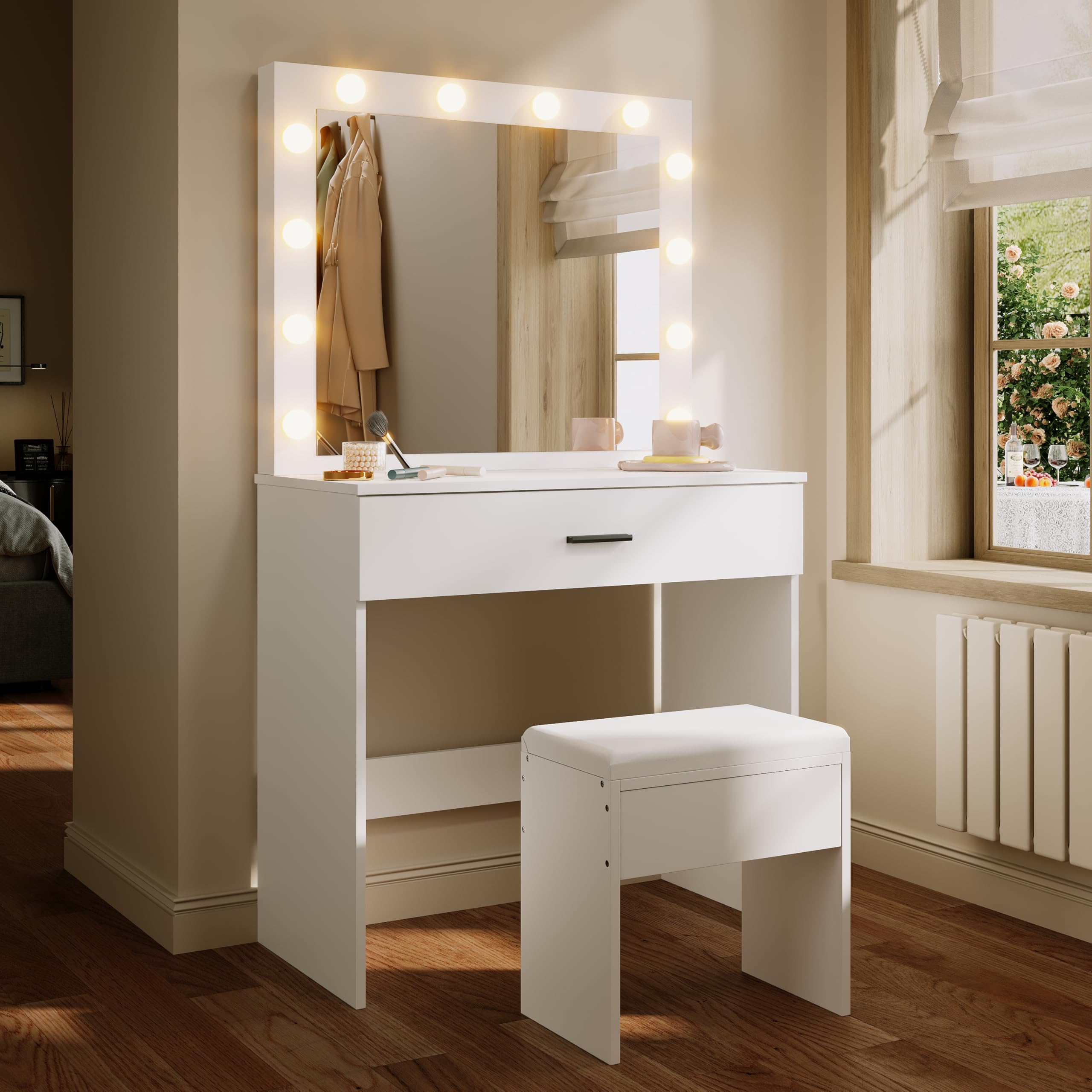 ELEGANT White Dressing Table Set with Hollywood LED Mirror, 80×40×140cm