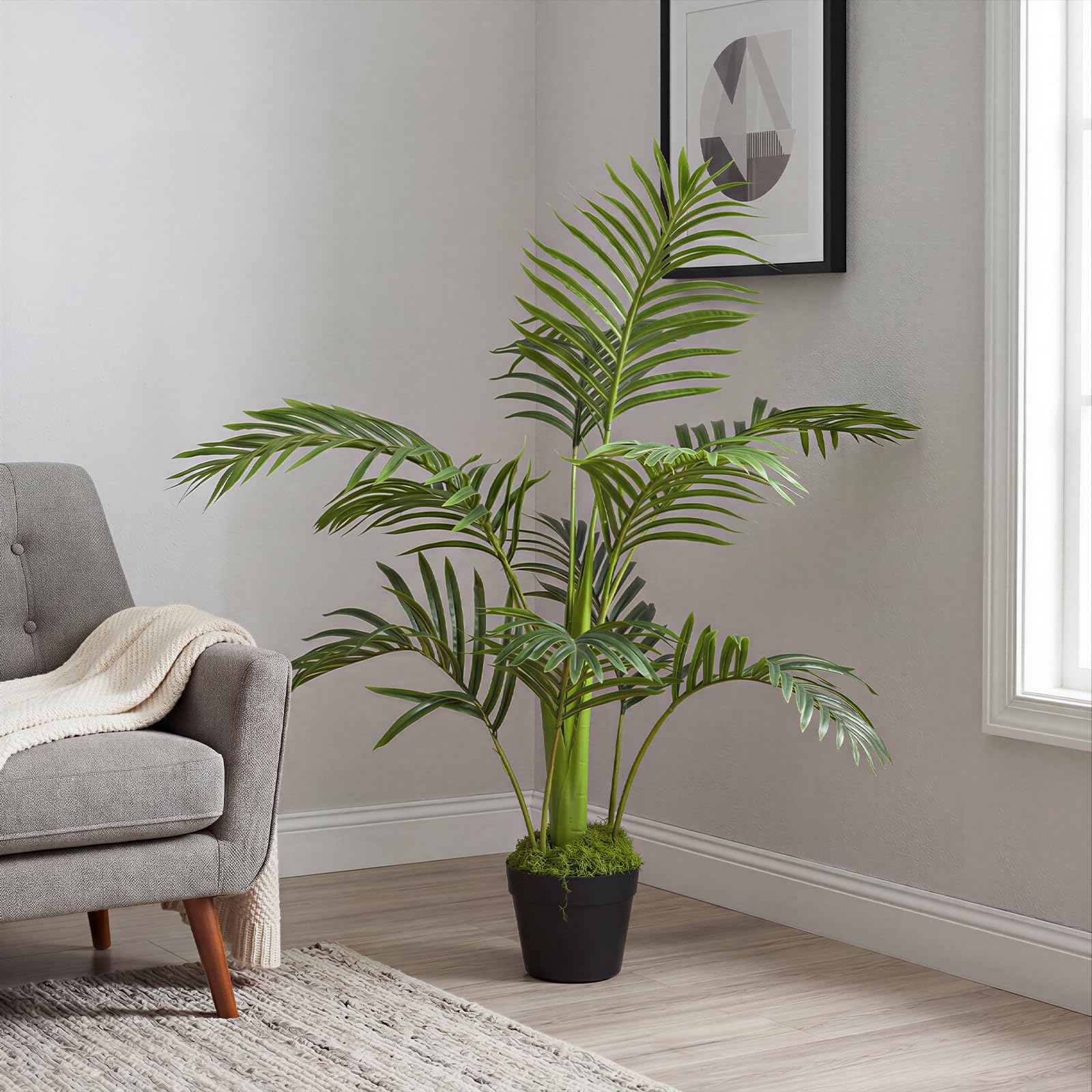Artificial Palm Tree 95CM, Fake Tropical Plant in Pot with Adjustable Leaves, Indoor Outdoor Artificial Plants for Living Room Bedroom Balcony Office Garden Decor