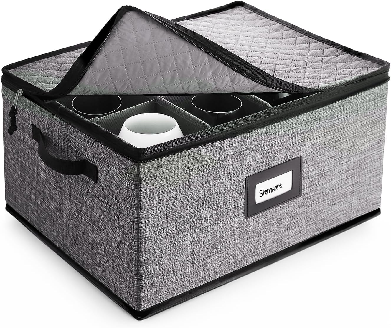 Hearth &amp; Harbor Wine Glass Storage Box with Dividers, Quilted and Stackable Stemware Storage Cases, Service of 12 Glass China Container Hard Shell for Moving and Organization, Grey (Pack of 12)