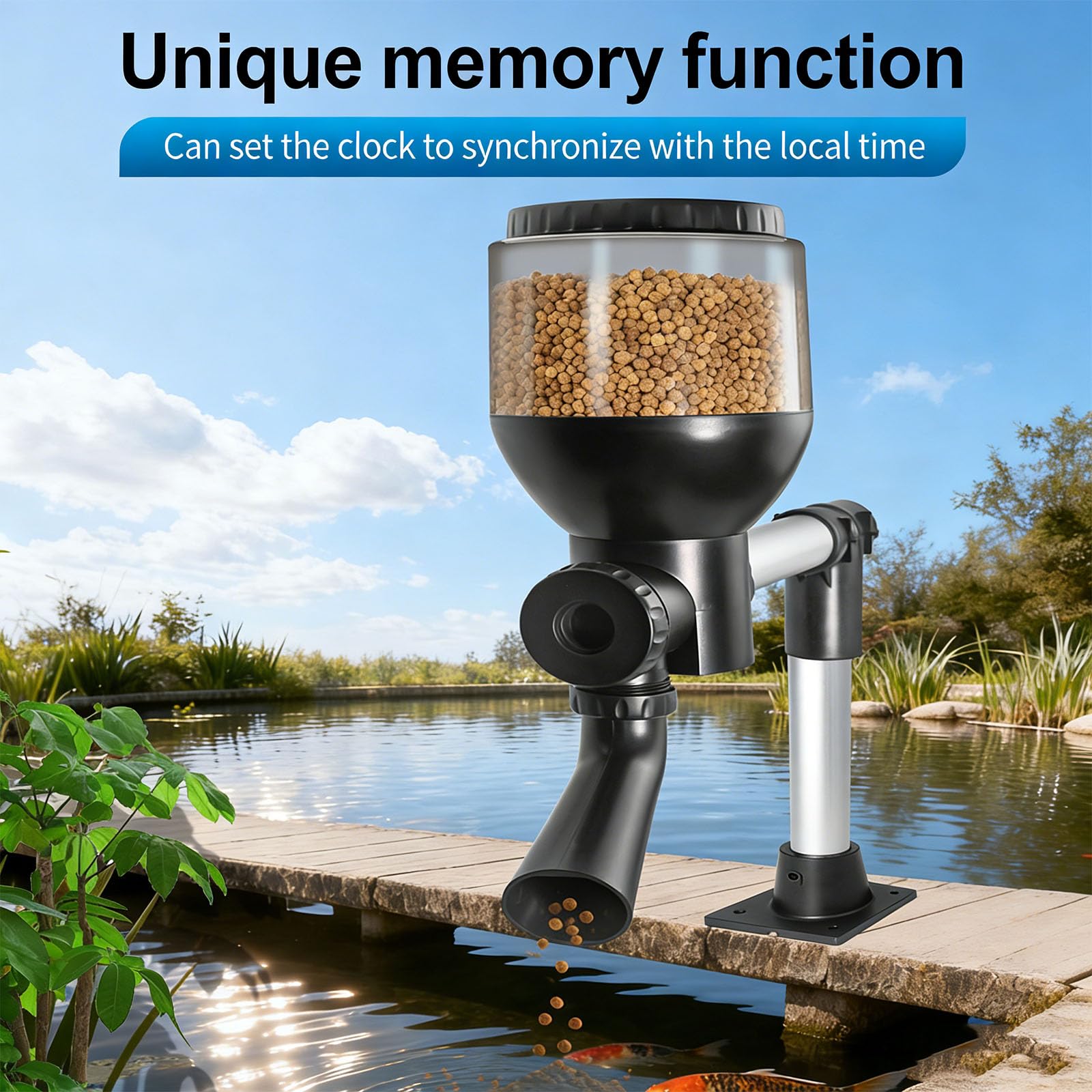 Distributore automatico di mangime per pesci da 4-8 litri con display LCD, alimentazione programmata, diametro del mangime da 2 a 8 mm, design resistente alla pioggia, ideale per weekend e vacanze.