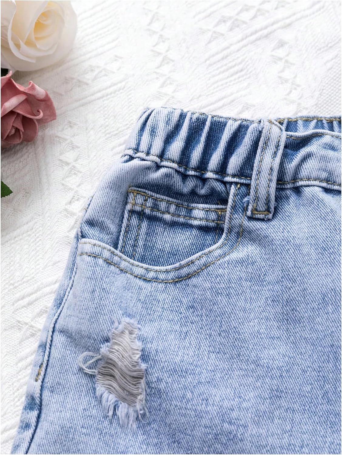 Floerns Girl's Ripped Raw Hem Elastic Waist Straight Leg Denim Shorts with Pockets - Image 3
