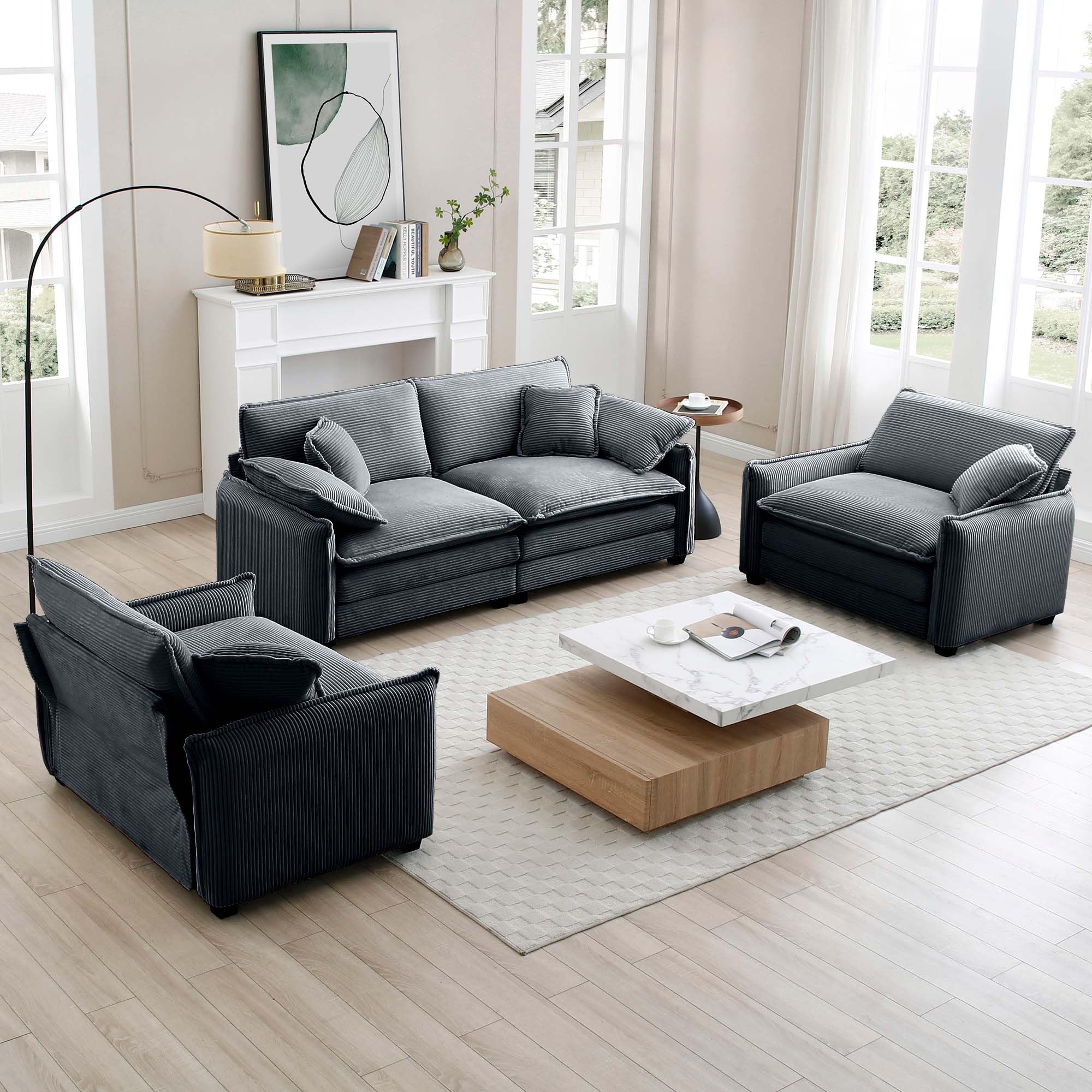 Aoowow 3 Pieces Modular Sectional Sofa Set with Loveseat Couch and 2 Sofa Chair,Modern Corduroy Comfy Cloud Deep Seat Couches Set with Throw Pillows
