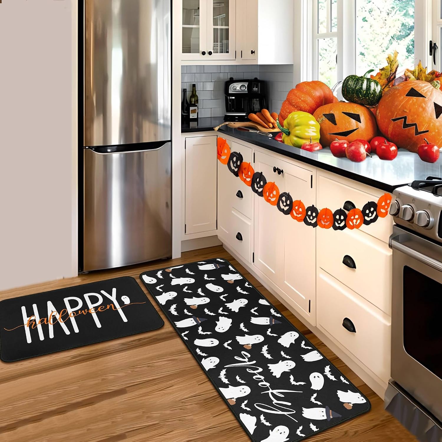 Happy Halloween Kitchen Mats for Floor, Halloween Decorations Non Slip Backing Halloween Kitchen Rug Low-Profile Mat Halloween Decor for Home Party 17"X47"+17"X30"