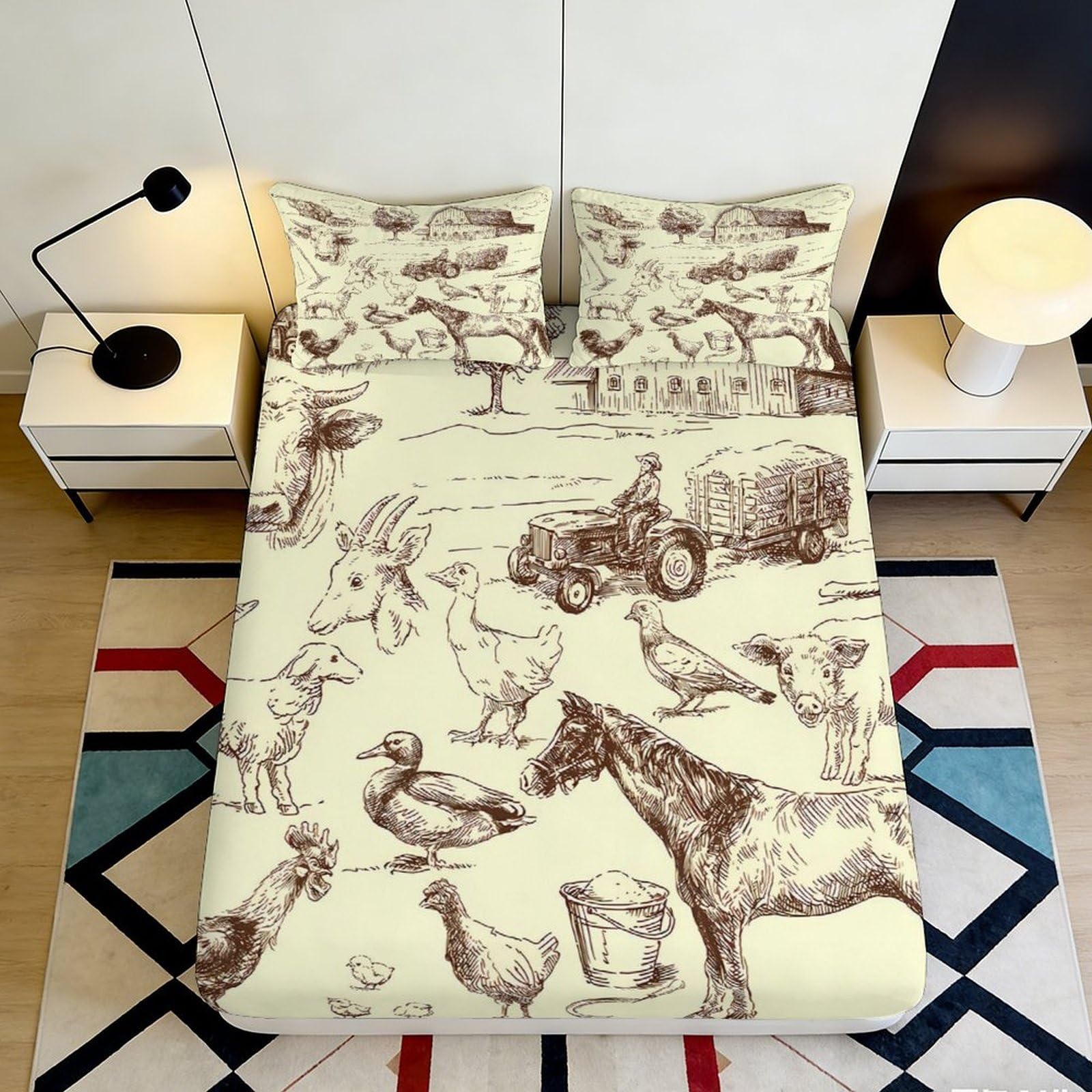3D Printed Farm Animals Fitted Sheet Microfiber Cream Pastoral Tractor Mattress Cover Bedroom Decor 90x200x25cm