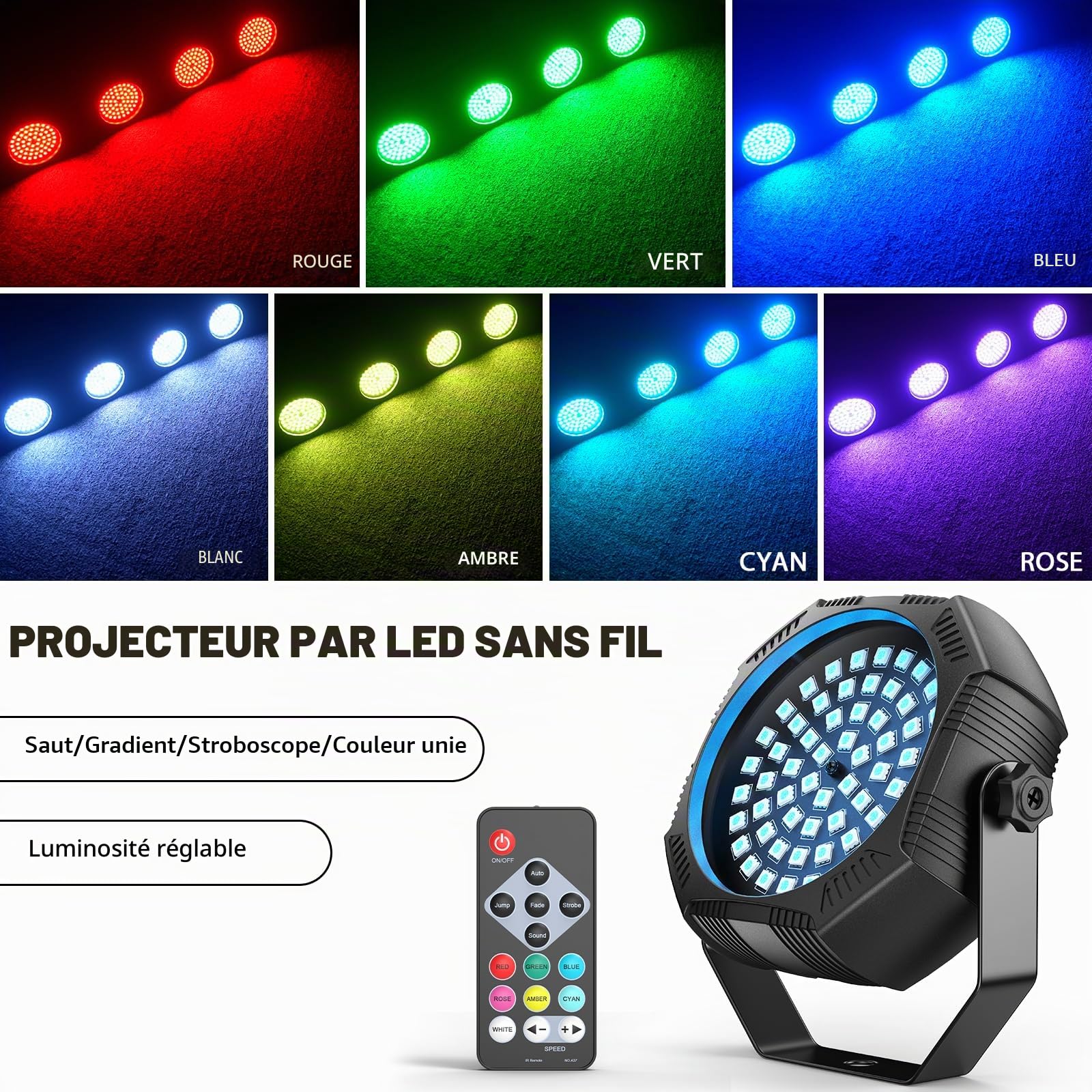 2 pièces 30W RGBW 60 LED Par projecteur batterie rechargeable Mini avec télécommande, éclairage de scène stroboscopique avec mode Auto/Son lumière disco pour DJ, fête, la chambre