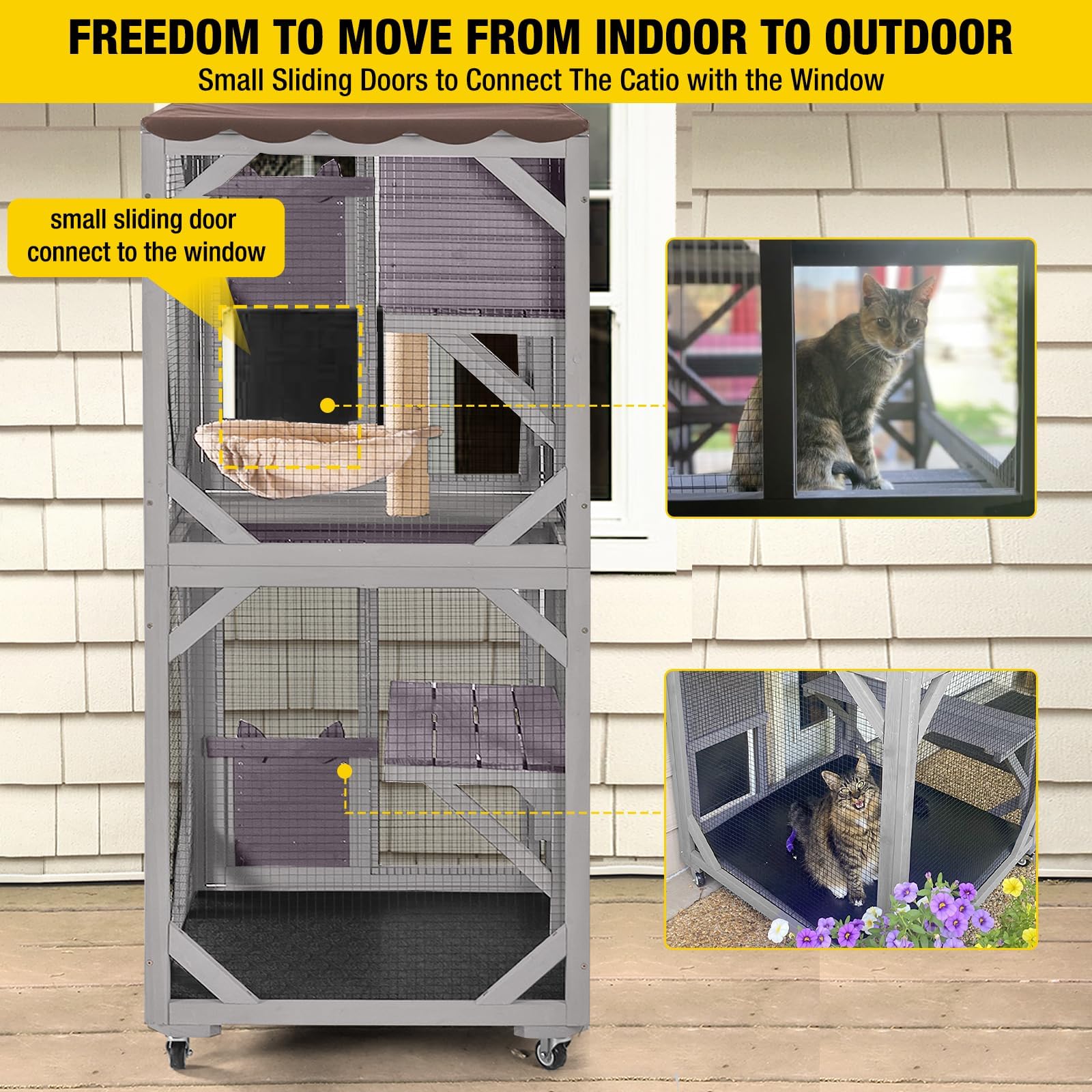 X-ZONE Cat Catio Niche d'extérieur mobile pour chat sur roues avec boîte de repos, housse imperméable gris moyen 62x59,5x159,5 cm