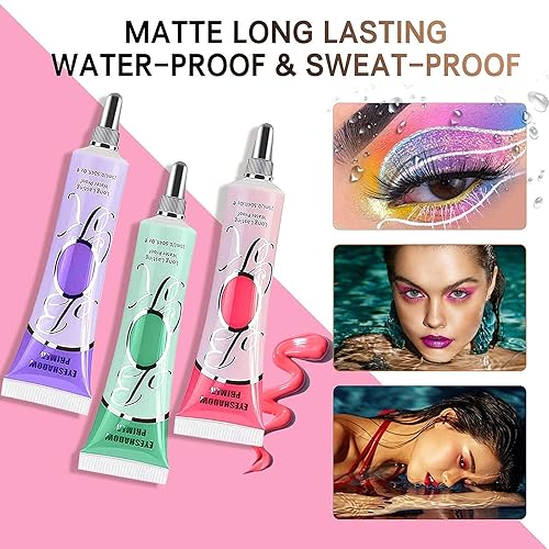 Miniatura 6 de Paquete de 3 bases de sombra de ojos mate para tapas aceitosas, sin arrugas, color violeta, verde, rosa, base de maquillaje de ojos, impermeable, a