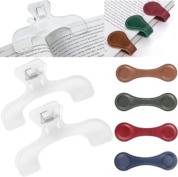 2PCS Transparent Reading Page Holder and 4Pcs Magnetic Leather Bookmark Set