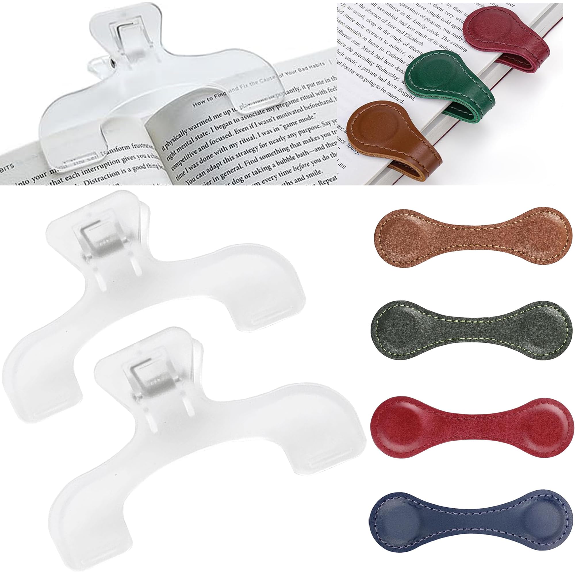 2 transparente Lesebuchhalter mit 4 magnetischen Leder-Lesezeichen-Kombinationsset, doppelseitiger magnetischer Lesezeichen-Halter, geeignet für Leser, Männer, Frauen, Studenten, Lehrer