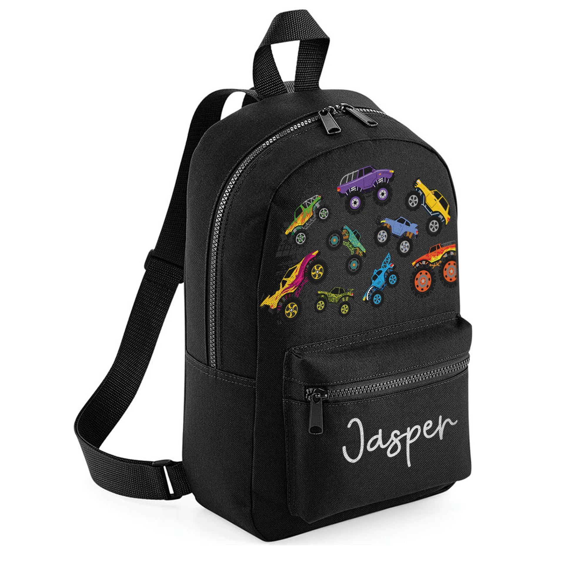 A1 Graphics Ltd Black Personalised Monster Trucks Kids Backpack Custom With Name Choice Of Colours Motocross School Bag With Adjustable Straps For Children & Toddlers (Black)