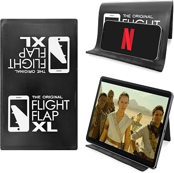 Flight Flap Airplane Tablet Holder, Flexible Cell Phone and Tablet Holder Extra Large 12x7, Folding Cellphone Stand for Desk, Kindle, Bed, Airplane Gadgets Long Travel Essentials Black