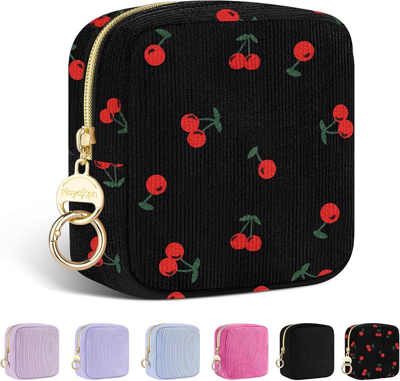 Necessaire pequena de maquiagem Playexen em veludo cotelê, Cherry, com 2 compartimentos