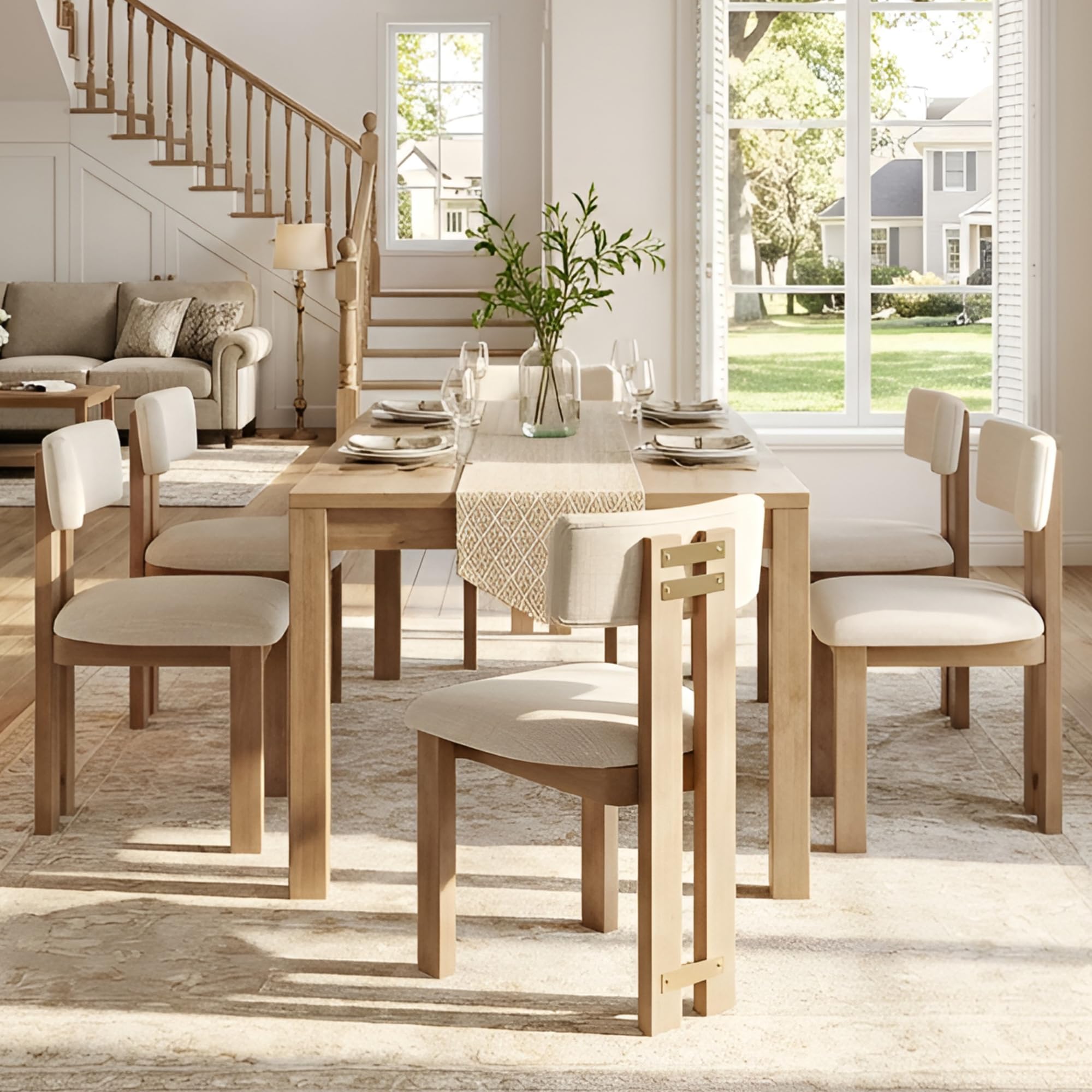 Wahson Linen Dining Chairs Set of 6, Farmhouse Fabric Kitchen Chairs with Natural Hardwood Legs，Armless Upholstered Accent Chairs for Dining Room,