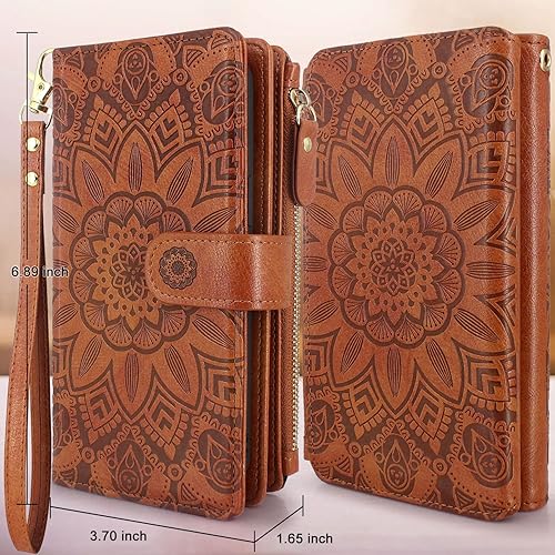 Miniatura 8 de Harryshell Cartera magnética desmontable con cremallera de piel, bolsillo para efectivo con 12 ranuras para tarjetas, correa de muñeca para Samsung