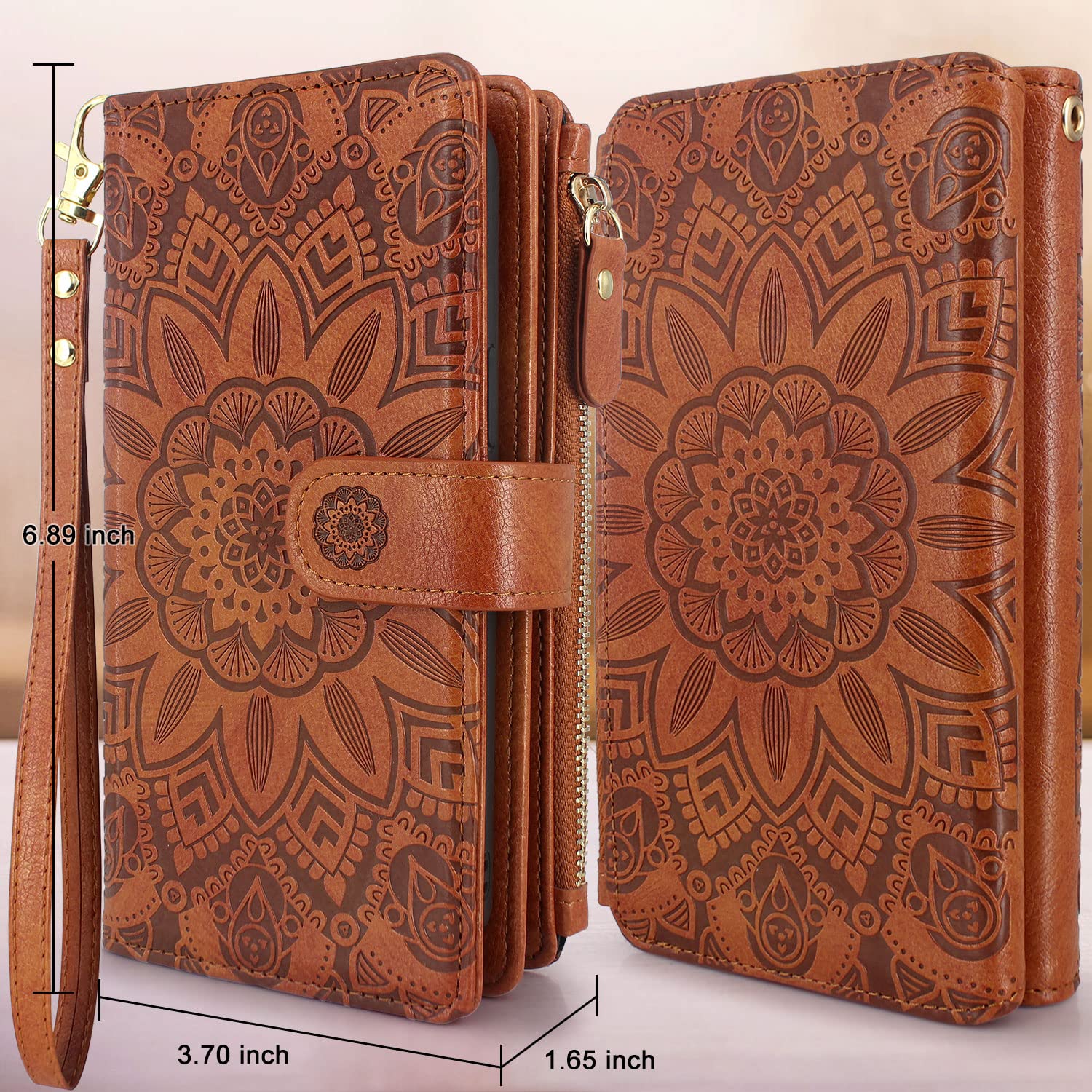 Harryshell Detachable Magnetic Zipper Wallet Leather Case Cash Pocket with 12 Card Slots Holder Wrist Strap for Samsung Galaxy S21 Ultra 5G (6.8 Inch) (2021) SM-G998U Floral Flower (Light Brown)