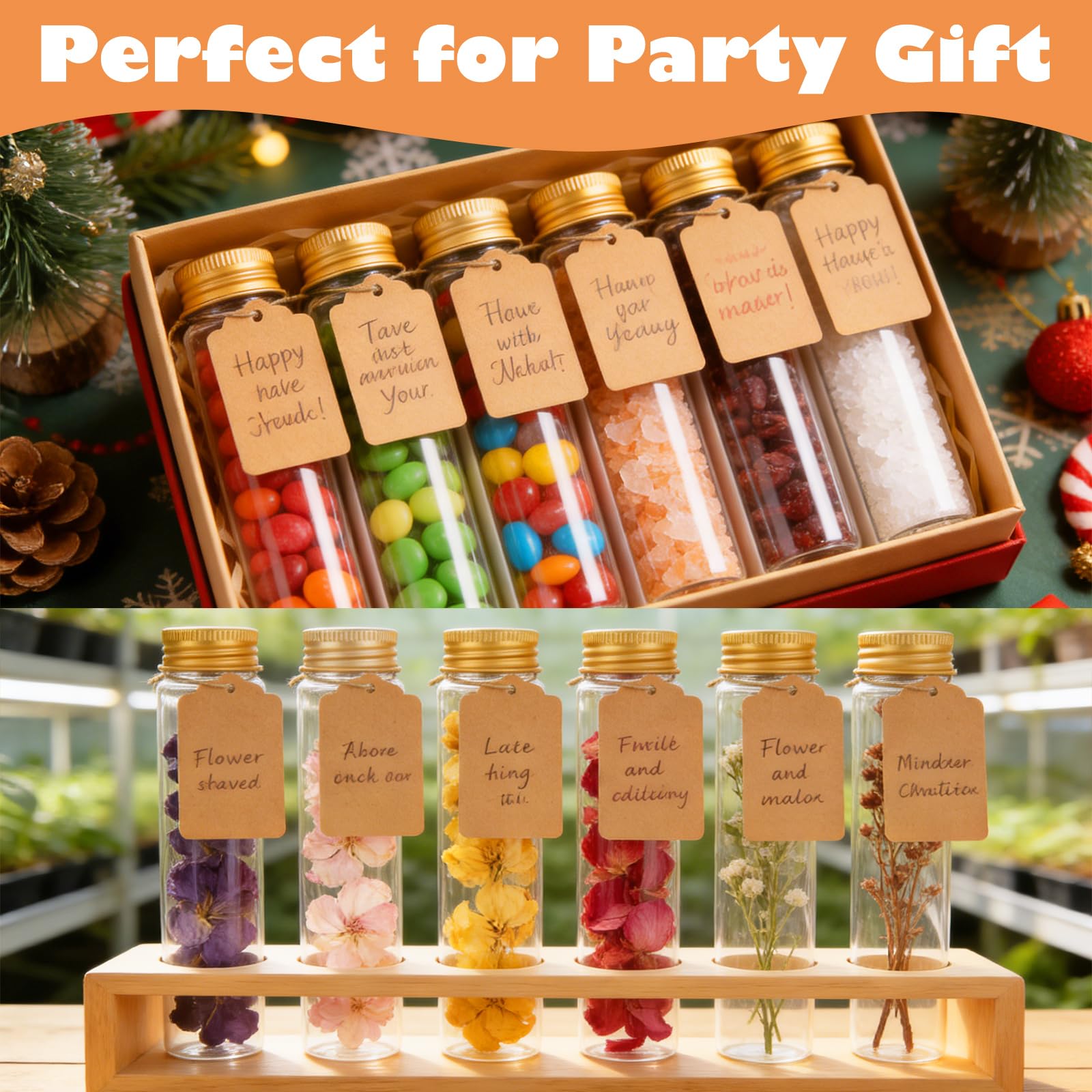 Confezione da 50 provette da 80 ml con tappi, in plastica trasparente, vuote, a prova di perdite, per caramelle, sale da bagno, spezie, decorazione per la casa e le feste, fondo piatto