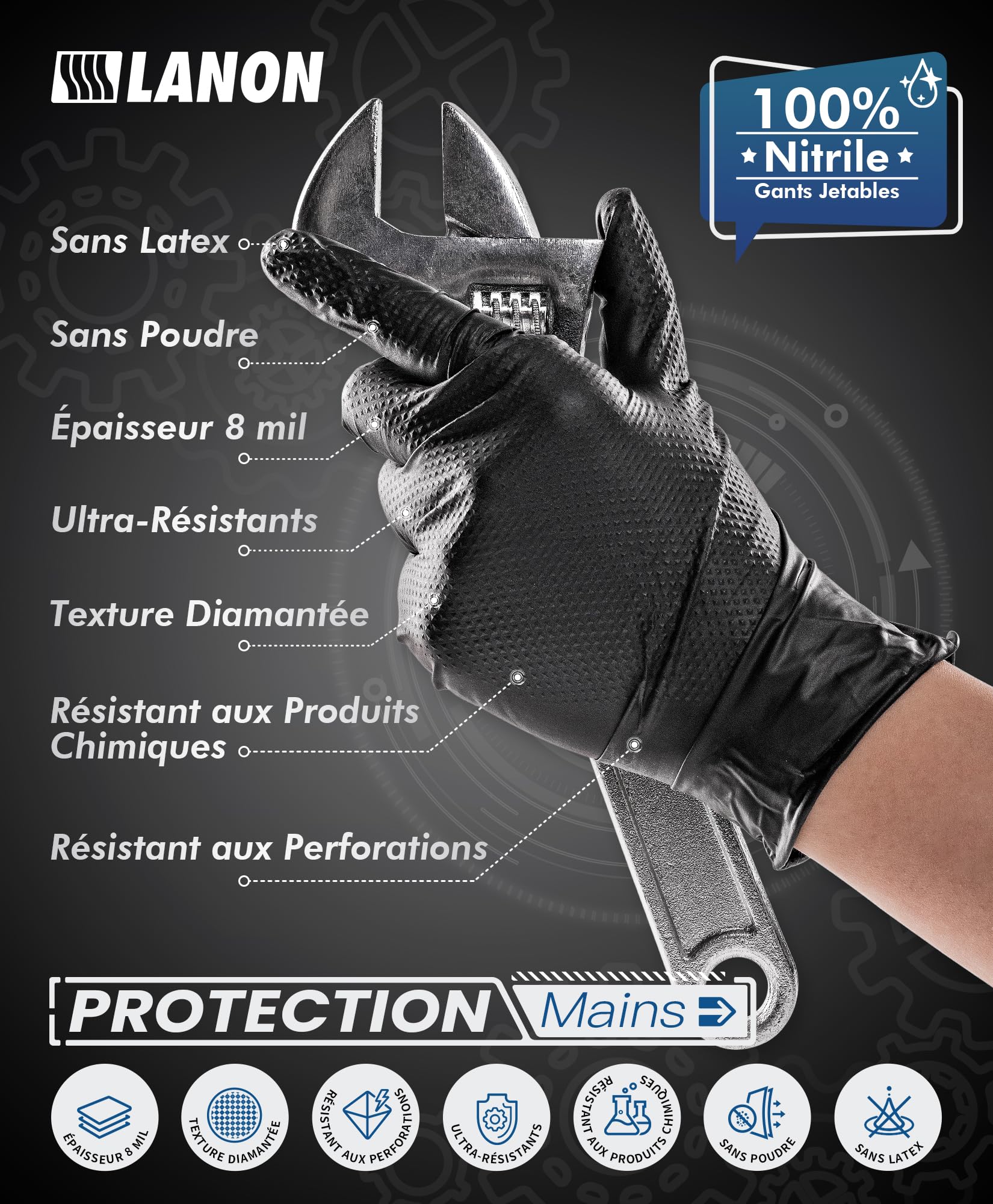 LANON 8 Mil Gants Nitrile Noir, Gants Jetables Extra Forts avec Structure Diamant, Gants Mecanicien, Alimentaire, Sans Poudre, Sans Latex, Taille S(100 Gants)