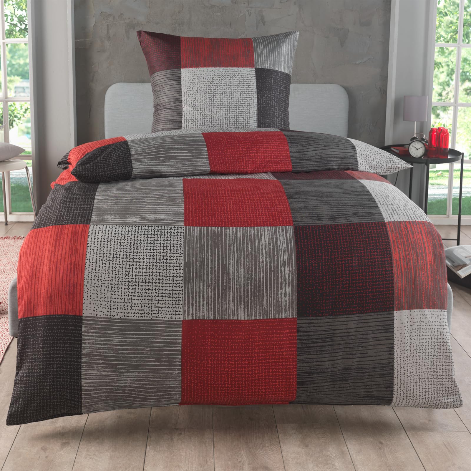 Kuscheli Bettwäsche 155x220 2 teilig - Mikrofaser Bettbezug 155x220 cm + Kissenbezug 80x80 cm - atmungsaktiver Stoff mit Reißverschluss - Einzelbett - modernes Karo Design Rot
