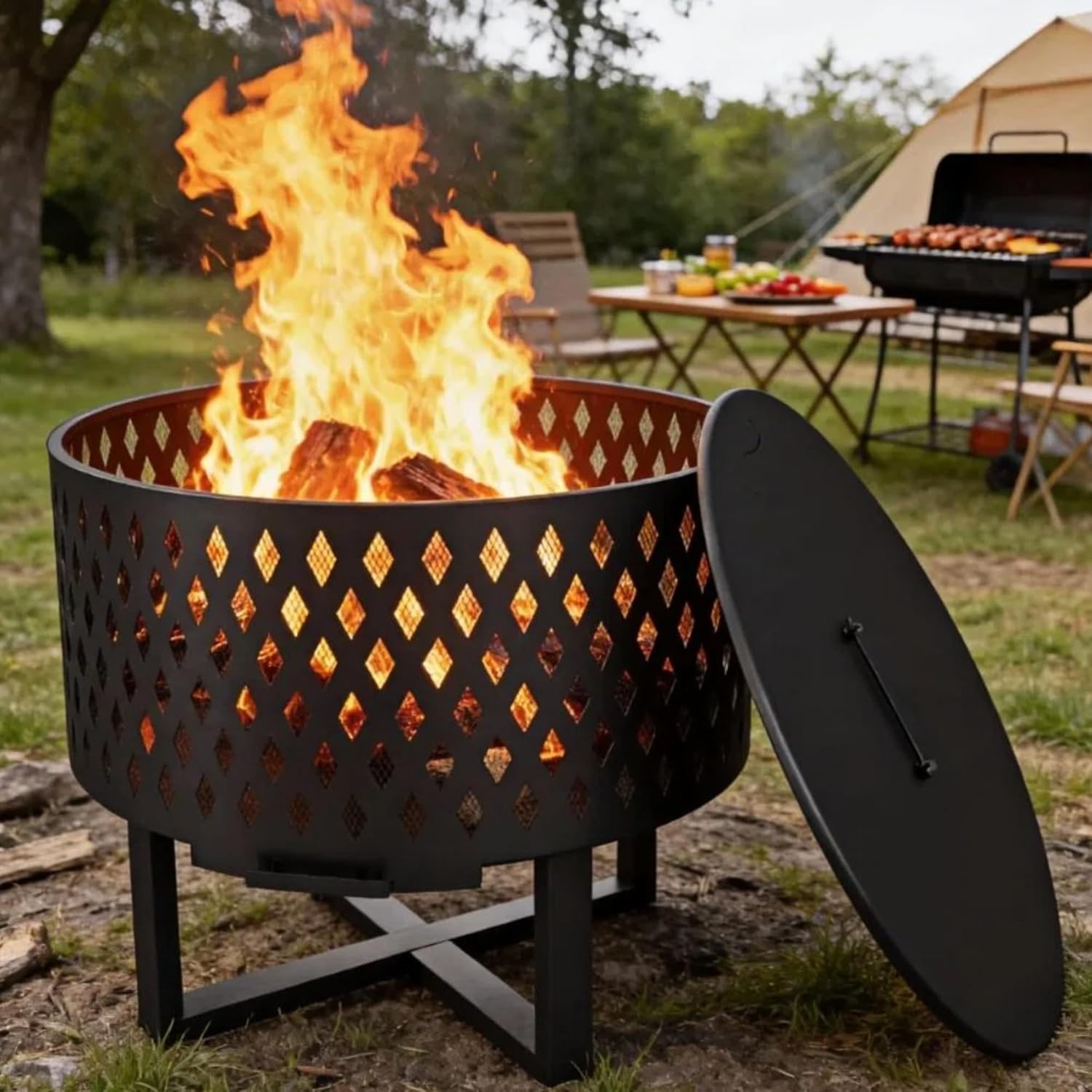 23.6" Outdoor Fire Pit, Round Wood Burning Firepit with Lid and Poker, Diamond Pattern Steel Firebowl, Heavy Duty Metal Bonfire Pit with Lid and Poker for Camping, Backyard, Outside Deck