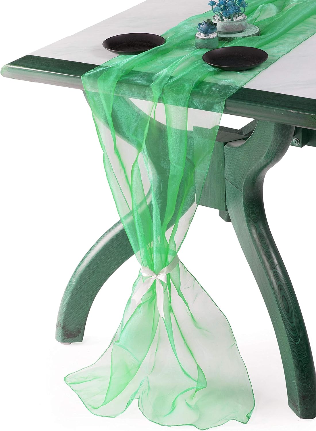 MDS Pack of 10 Wedding 27 x 170 inches Long Sheer Organza Table Runner for Wedding Banquets Decorations Birthday Parties, Engagements, Rustic Boho for 14 Ft Table Runners -Green