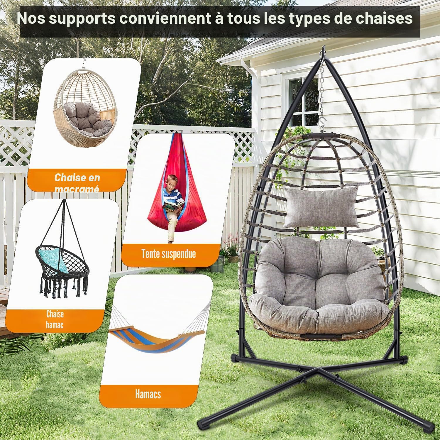 Armature de chaise suspendue 150 kg, en métal, support de siège suspendu avec structure stable, support de hamac pour siège suspendu, support en tube d'acier de 215 cm, pour l'intérieur et