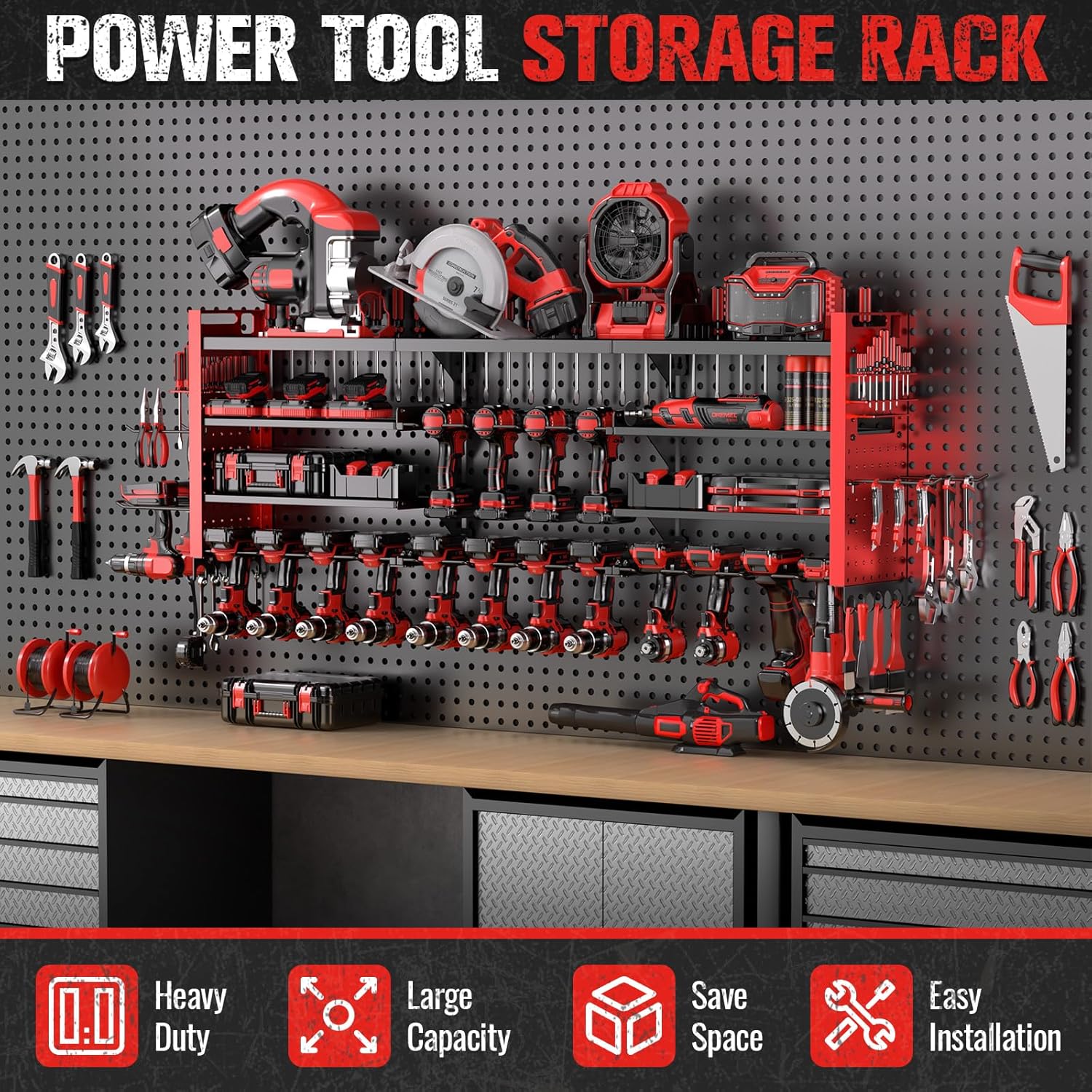 49.8" W Super Large Power Tool Organizer Wall Mount,4-Layer Heavy Duty Tool Storage with 18 Cordless Drill Holder,600 lb Capacity Garage Organization for Garage and Workshop (Red)