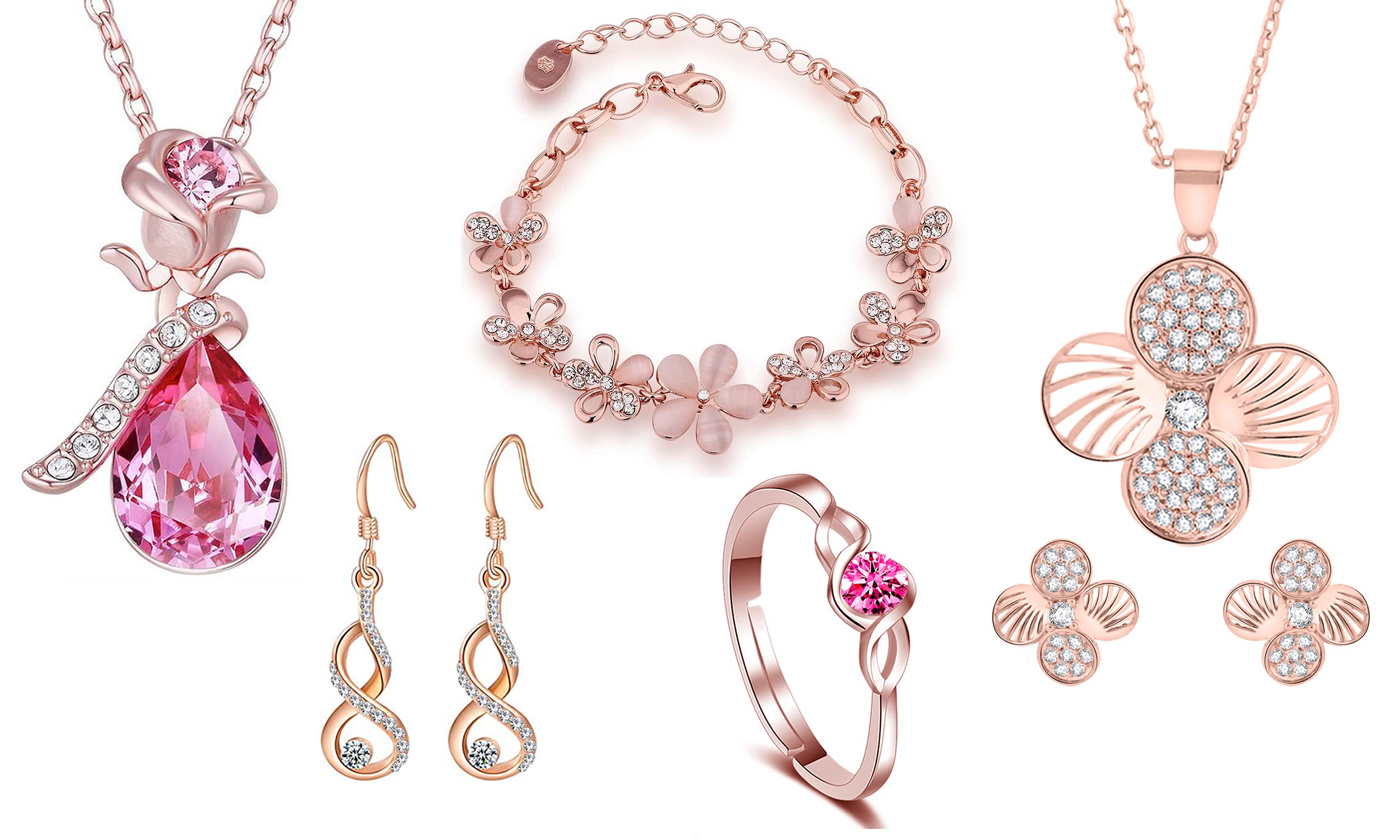 Okos Womens Crystal Stones Jewellery Combo Alluring 1 Drop Pendant, 1 Floral Design Pendant , 1 Link Bracelet, 1 Pair of Infinity Style Earrings And 1 Adjustable Finger Ring (Multicolour, CO1000395) (B0948YXGBT) Amazon Price History, Amazon Price Tracker