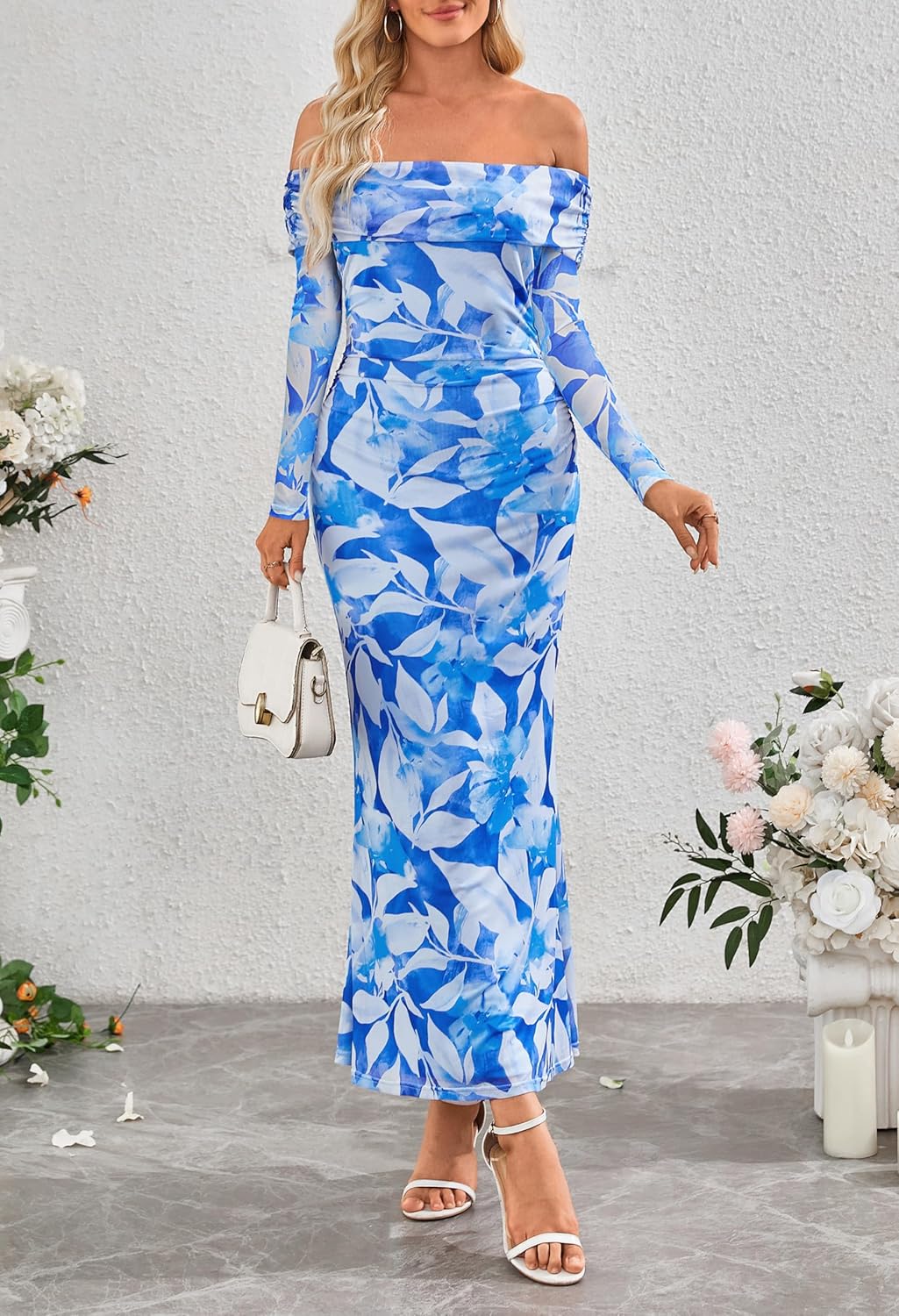 MEROKEETY Women's Fall Off Shoulder Floral Maxi Dresses Formal Long Sleeve Bodycon Cocktail Wedding Guest Dress - Image 2