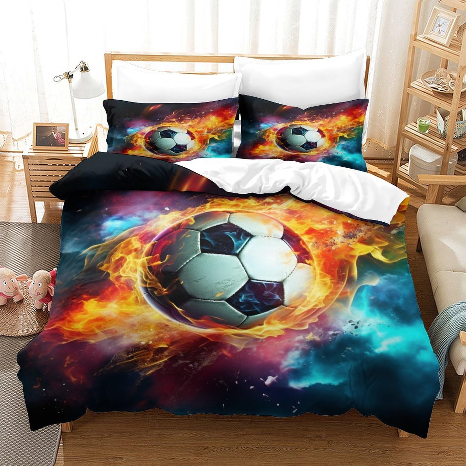 P1S9U7W5Y Dynamic Soccer 3D Printed Microfiber 3 Piece Duvet Cover Set for Teens/Adults Bedroom Decor Football Bedding Set Soft Breathable for Home King（220x240cm）