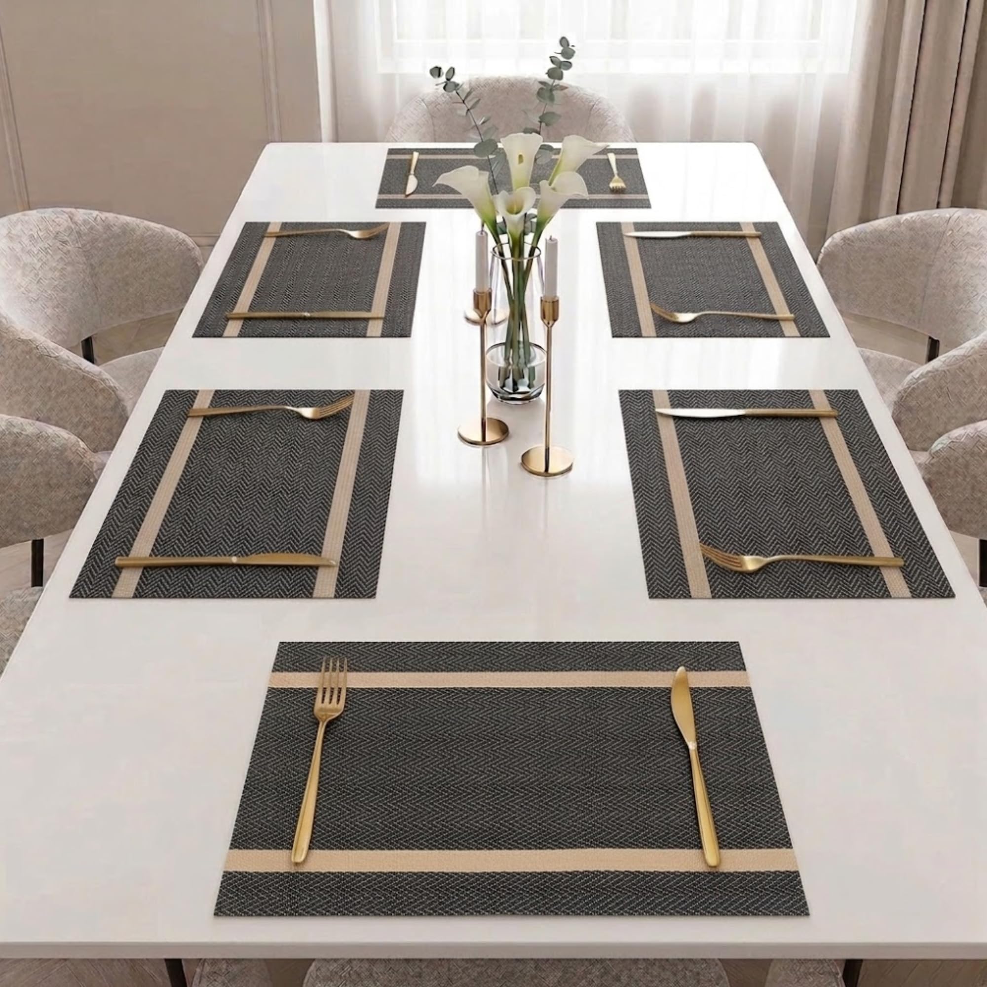 daiDokoro Rectangular Crossweave Woven PVC Vinyl Non-Slip Insulation Heat-Resistant & Waterproof Stain Resistant Washable Placemat for Dining & Kitchen Table-(Black & Gold,Set of 6)