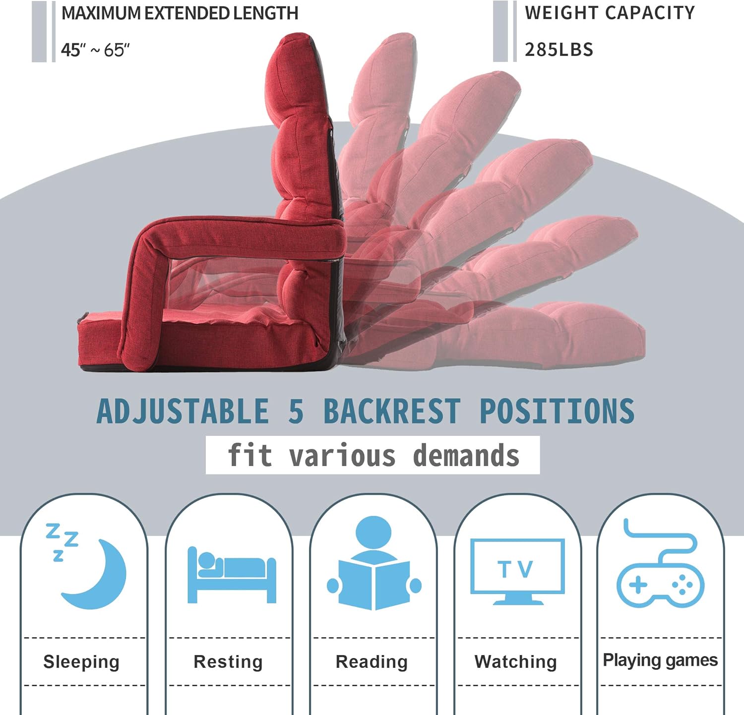 Merax Folding Lazy Floor Chair demonstrating 5 adjustable backrest positions for various activities like sleeping, resting, reading, watching TV, and playing games.
