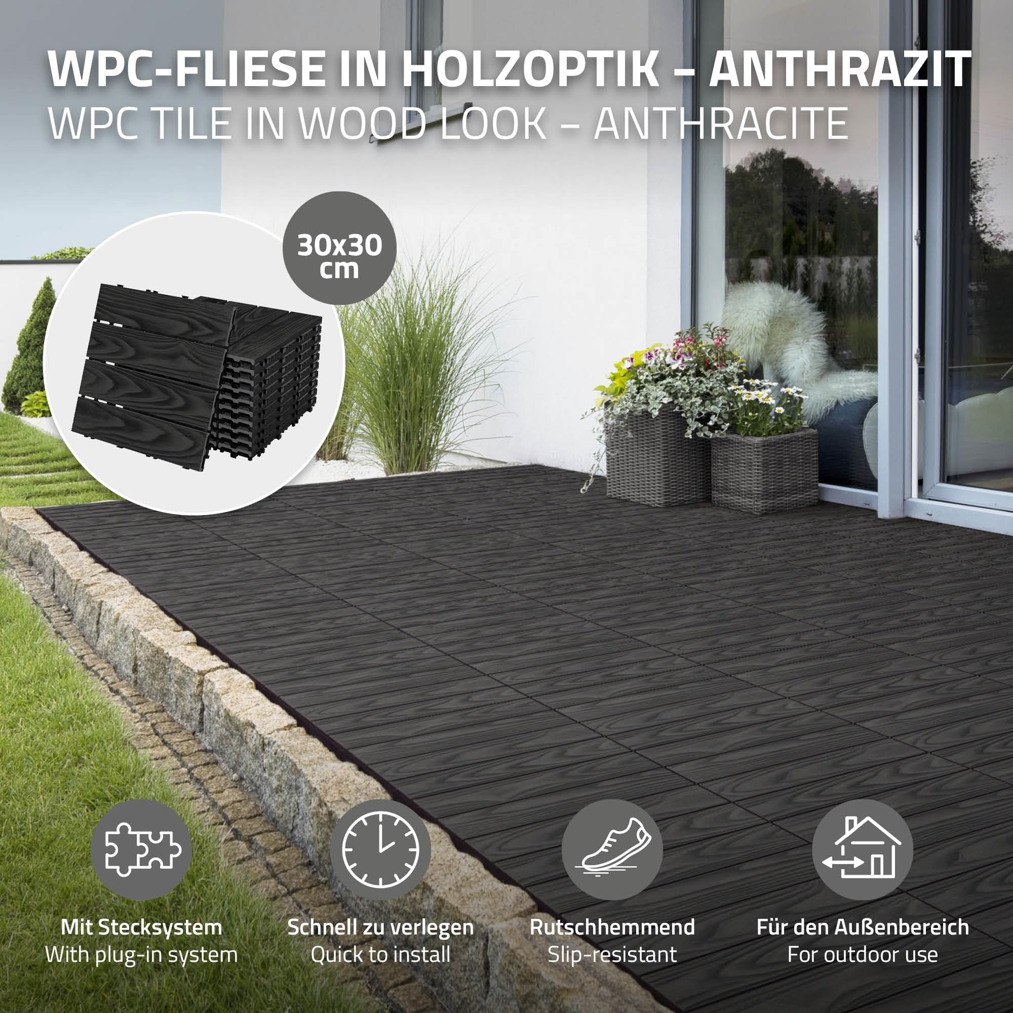 ECD Germany Baldosas de Patio WPC de 30x30 cm 11 Piezas para 1m² Aparencia de Madera Antracita con Sistema de Drenaje e Instalación Mediante Clic, Losa Aspecto Tabla de Leña para Terraza y Balcón