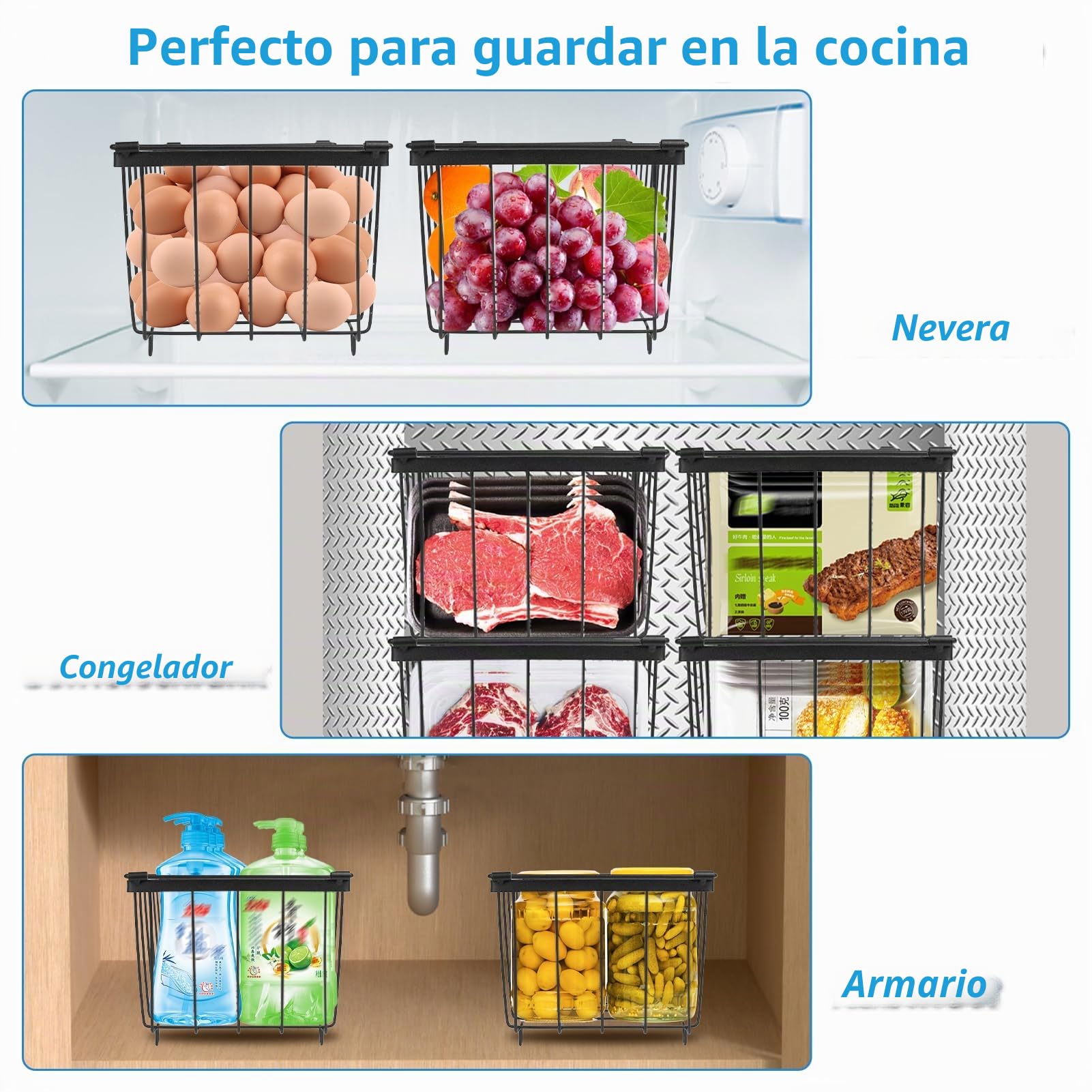 Juego de 6 organizadores para congelador, apilables, con asas | Alambre de acero de 2,8 mm, base antideslizante y congelación rápida para frigorífico de 5-7 pies cúbicos (37 x 18 x 14,5 cm)