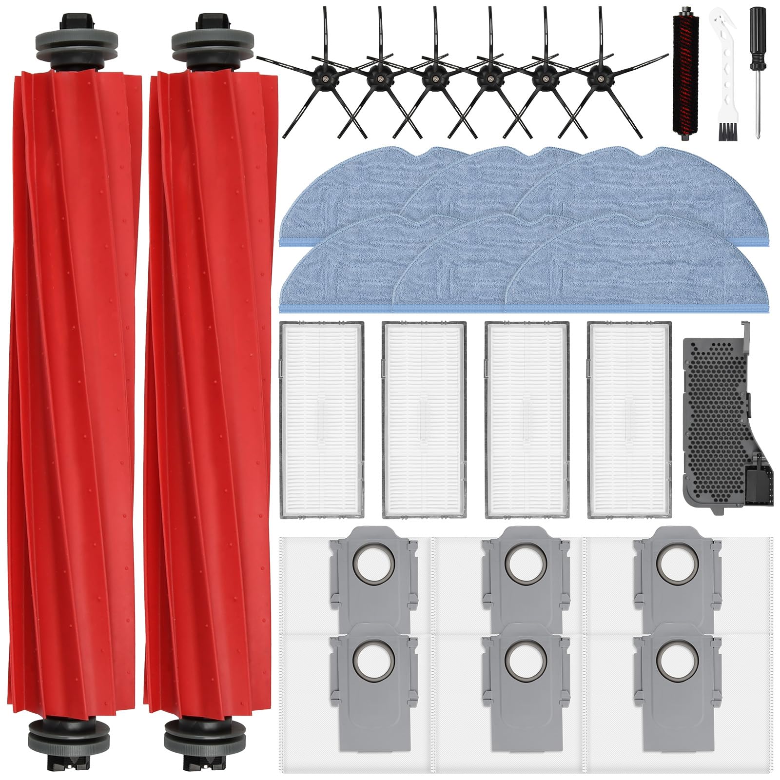 28 Stück Zubehörset für Roborock S7 MaxV Ultra / S7 Pro Ultra Saugroboter, 2 Hauptbürste 6 Staubbeutel 6 Wischpad 4 HEPA Filter 6 Seitenbürste 2 Reinigungszubehör 1 Schraubendreher 1 Wasserfilter