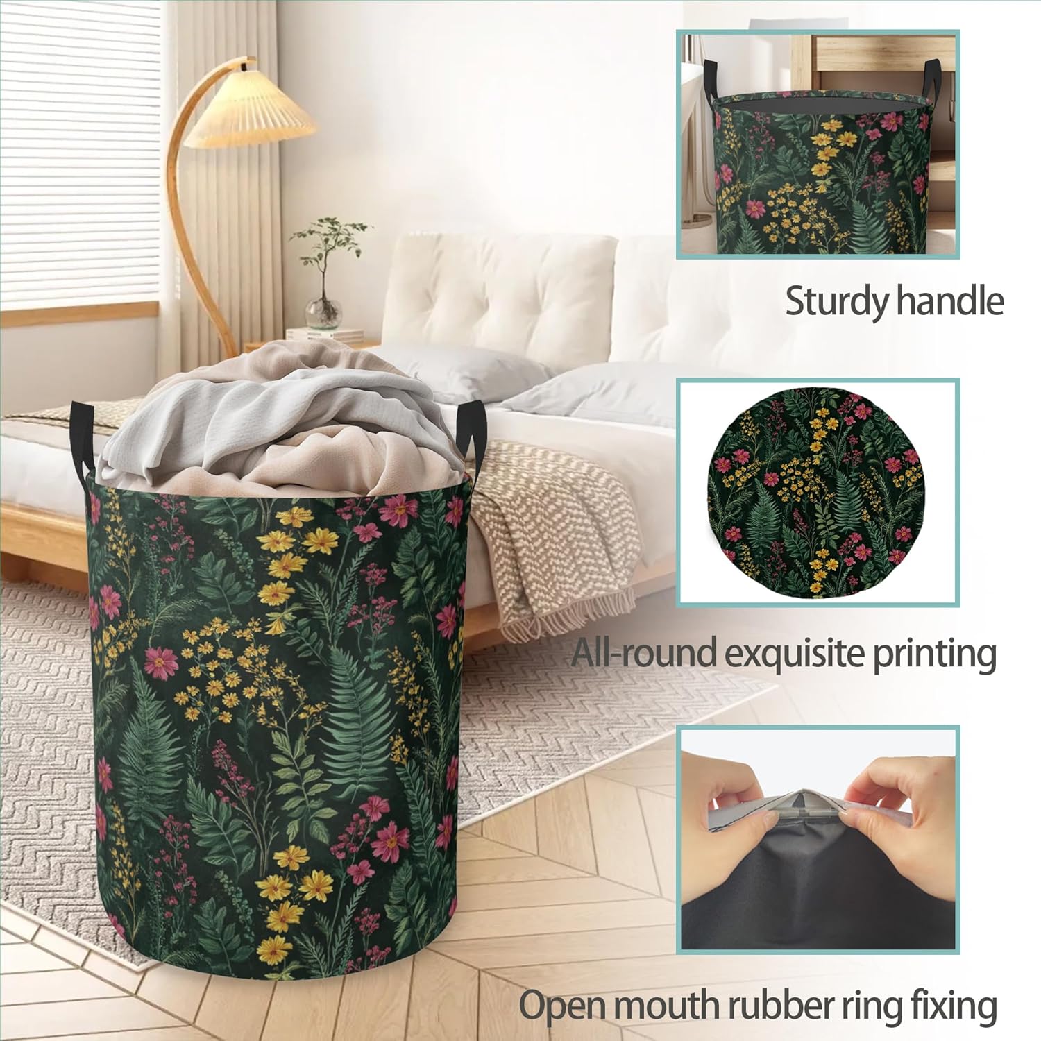 Laundry Basket With Handle, Dirty Clothes Laundry Hamper, Oxford Cloth Bin Storage Organizer for Toy Collection (Wildflowers Weeds)
