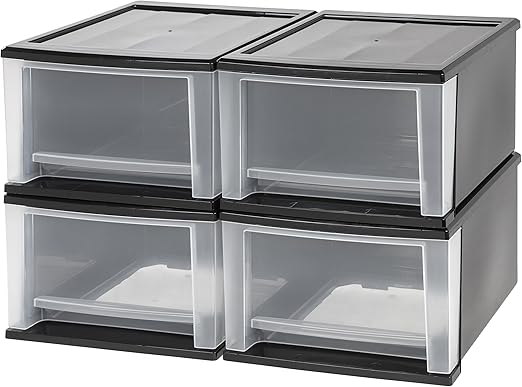 IRIS USA 17 Qt. Plastic Stackable Storage Drawers, Medium, 4 Pack, Multi-Objective Bins for Bed room, Toilet, Closet, Dorm, Craft Room, Storage, Nursery, Workplace, Below Sink, Black