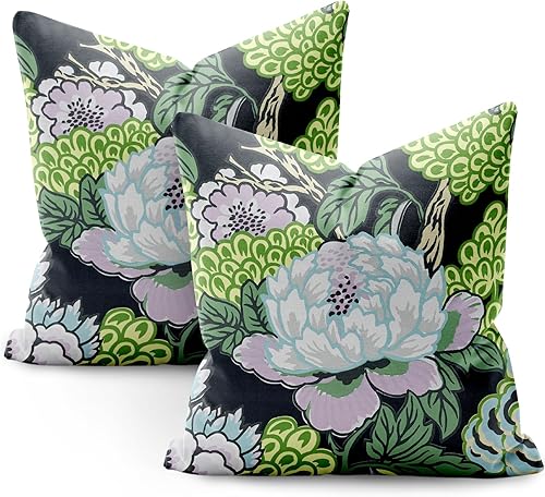 SMF Chinoiserie - Juego de 2 fundas de almohada de 18 x 18 pulgadas, modernas almohadas de lino con flores y pájaros, decoración de estilo