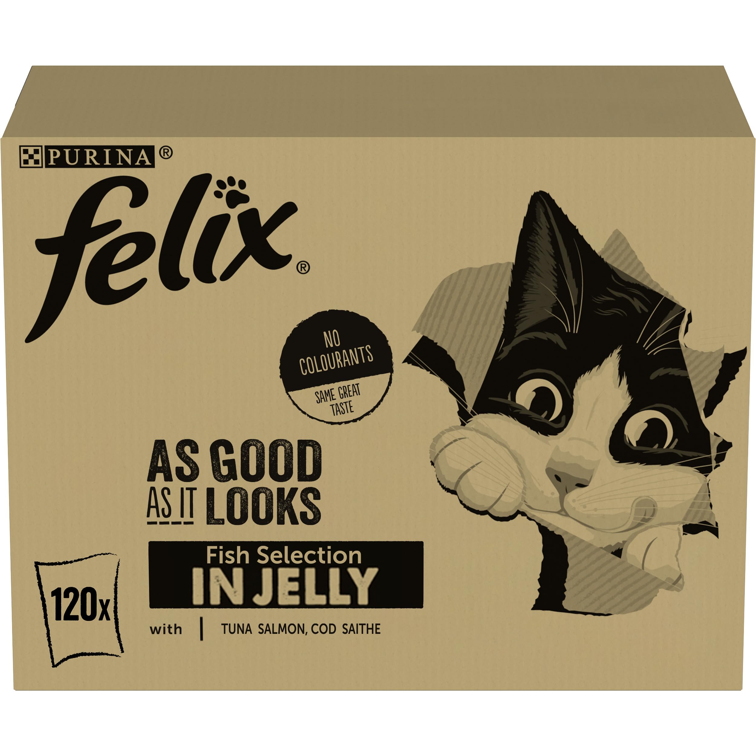 FELIX So gut wie es aussieht Nassfutter für Katzen Geschmacksvielfalt aus dem Wasser Vorteilspack, 120 praktische Portionsbeutel, zarte Stückchen in Gelee, 4 leckere Sorten, 100% vollständige