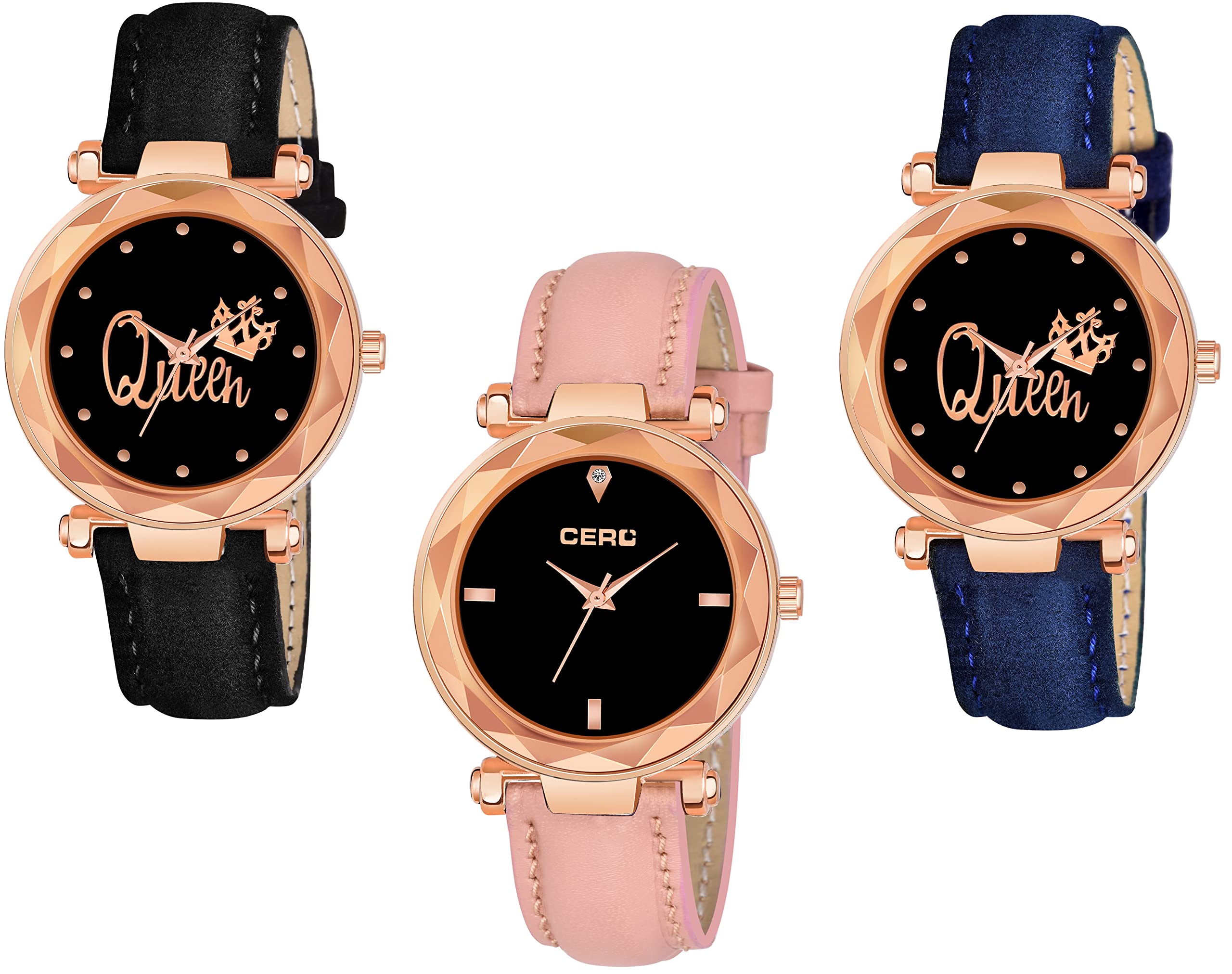 CERO Pack of 3 Queen Dial Leathers Strap Analog Women and Girls Watch (Black & Blue & F-Pink) (B09X6TM5L3) Amazon Price History, Amazon Price Tracker