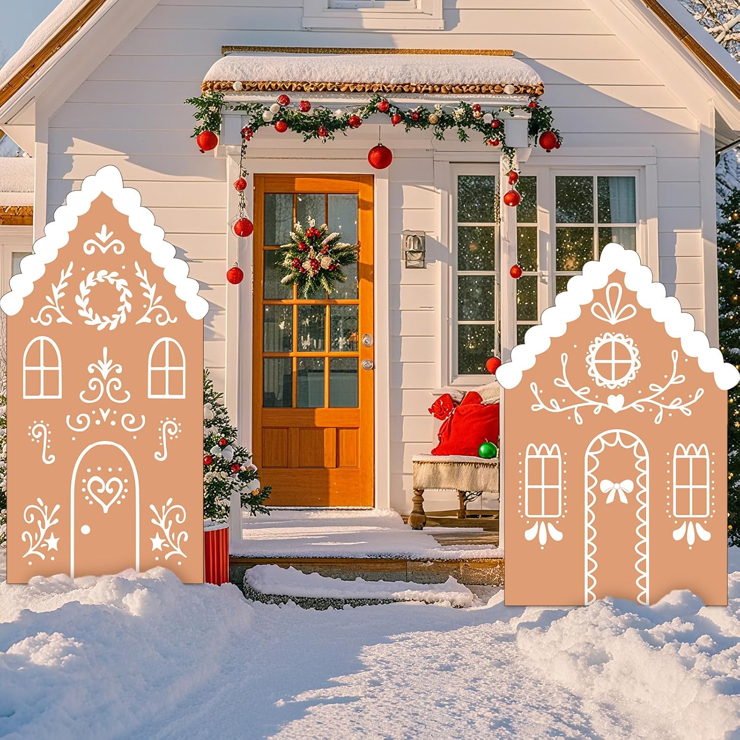 2 Pcs Giant Christmas Gingerbread House Decorations Outdoor 41 Inch and 47 Inch Freestanding Gingerbread House Sign for Xmas Holiday Garden Lawn Patio Pathway Indoor Party Decorations