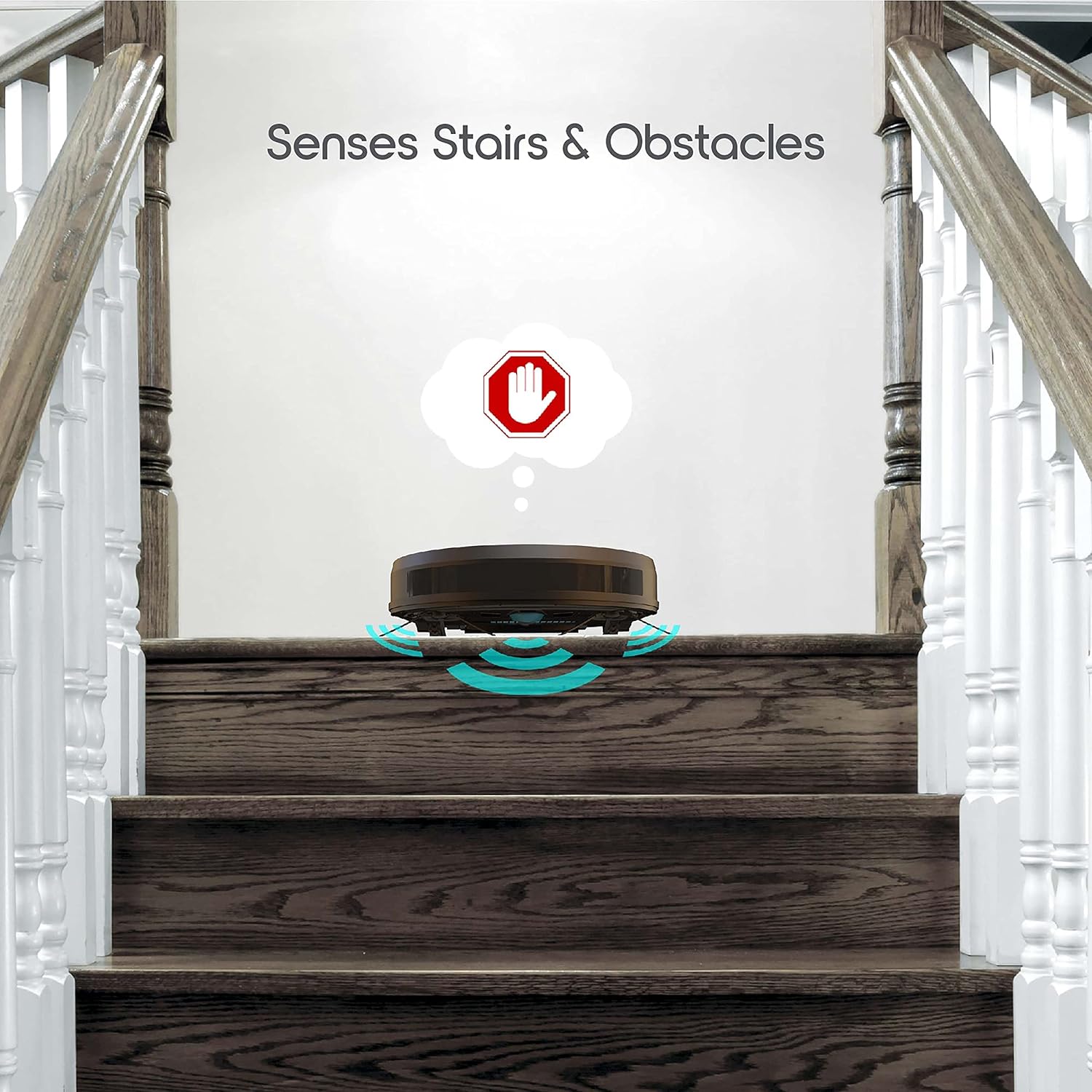 Ionvac UV UltraClean Robovac detecting a stair edge with its cliff sensors, preventing it from falling.