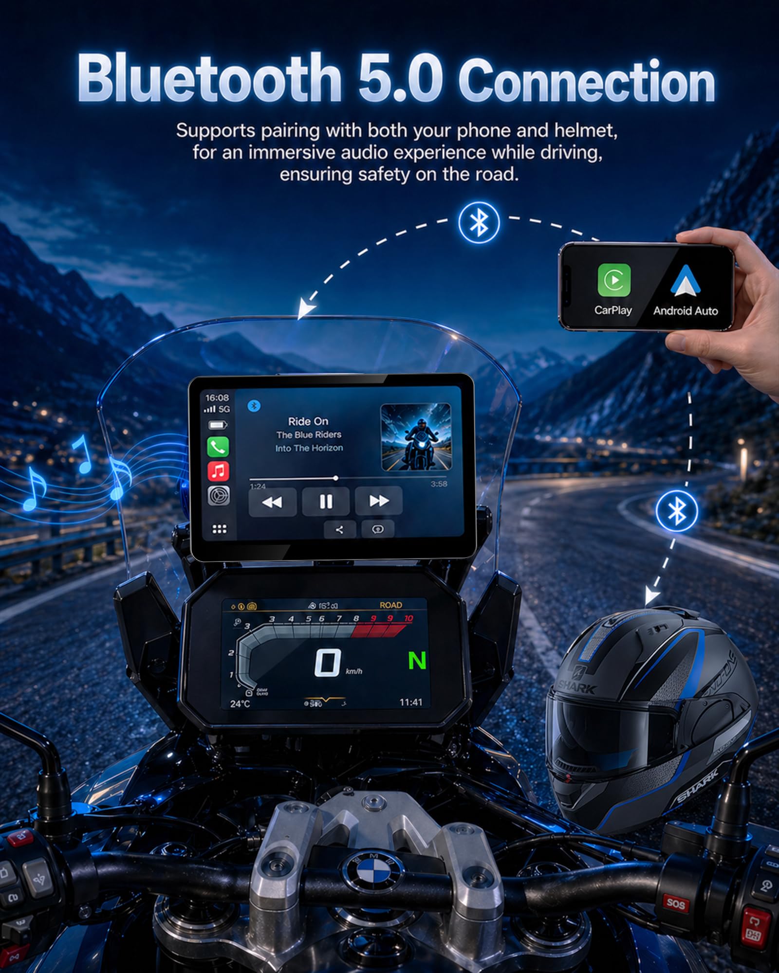 Jansite Carplay Moto avec Molette Wonder Wheel Native pour BMW Motorrad | 6,25'' Écran Tactile Étanche Tactile, CarPlay et Android Auto Sans Fil, Navigation GPS, Plug-and-Play