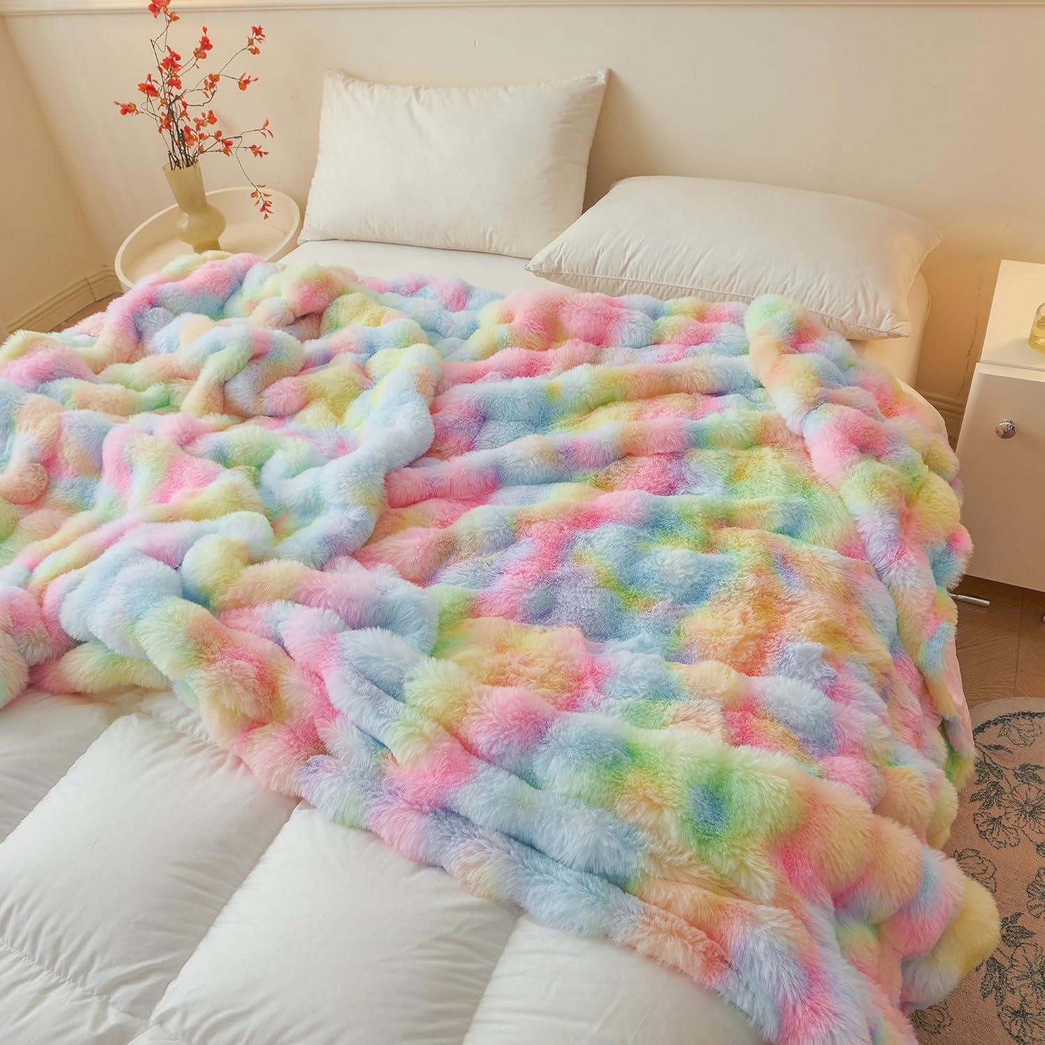 LIFEREVO Fluffy Faux Rabbit Fur Bubble Blanket, Tie Dye Plush Shaggy Throw Couch Sofa, Cozy Comfy Furry Big Bed Blanket Adults Kids Girls, Aesthetic Fuzzy Throw for Bedroom Living Room, 60x90, Rainbow - Image 6