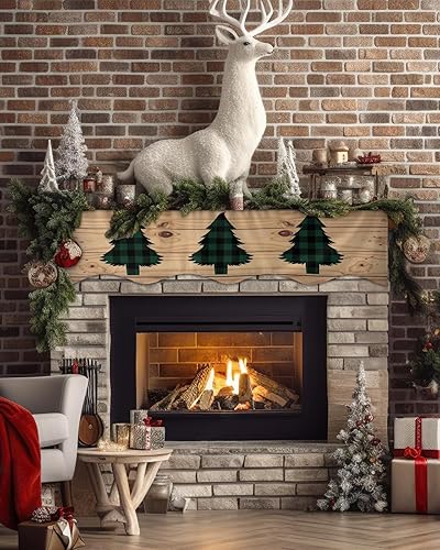 Miniatura 2 de T&H XHome Bufanda de mantel de Navidad, camino de mesa moderno para chimenea, diseño de búfalo verde, árbol de Navidad sobre tablones de madera,